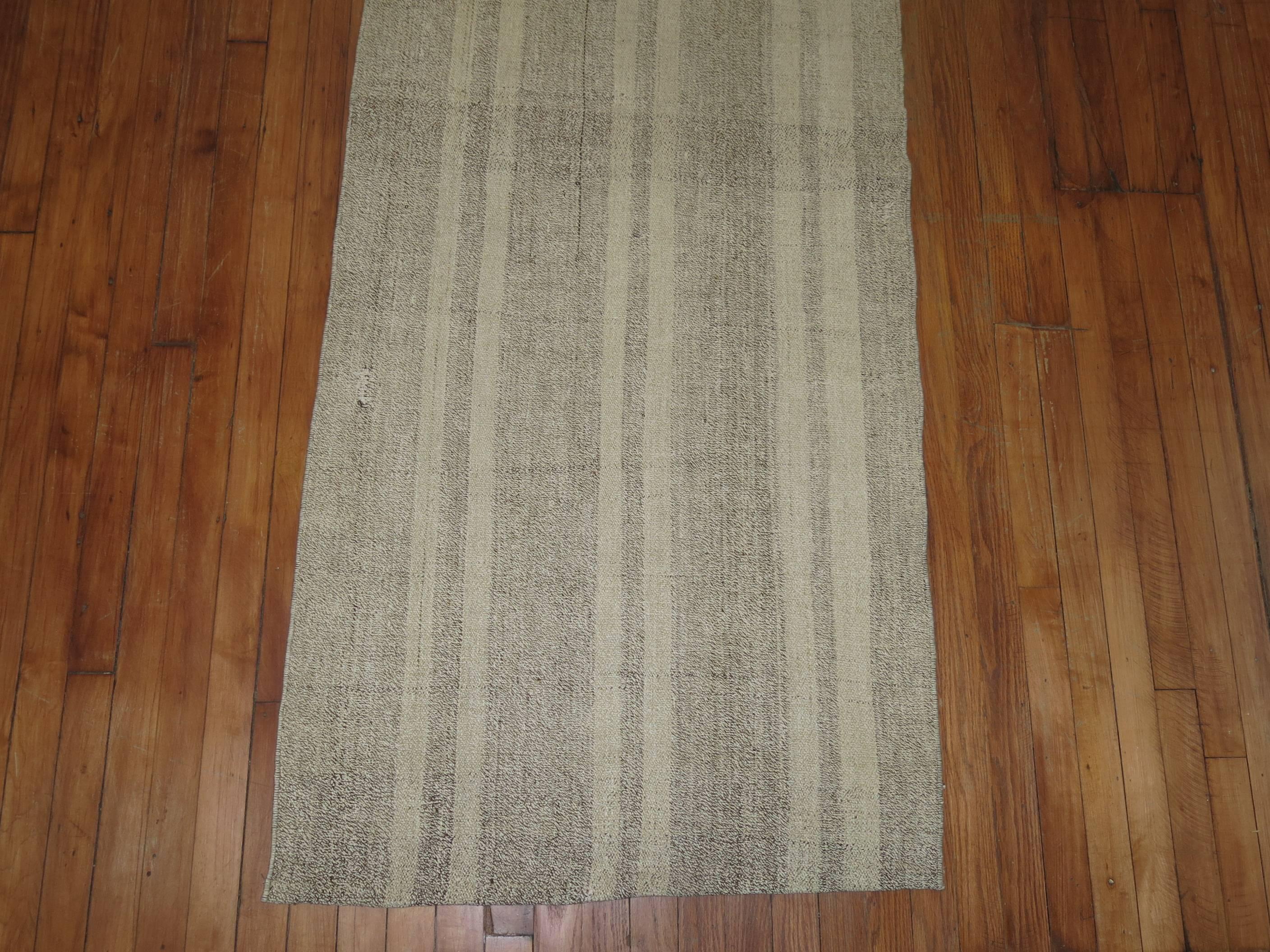 Rare size turkish Kilim runner with a striped design in gray and ivory.
