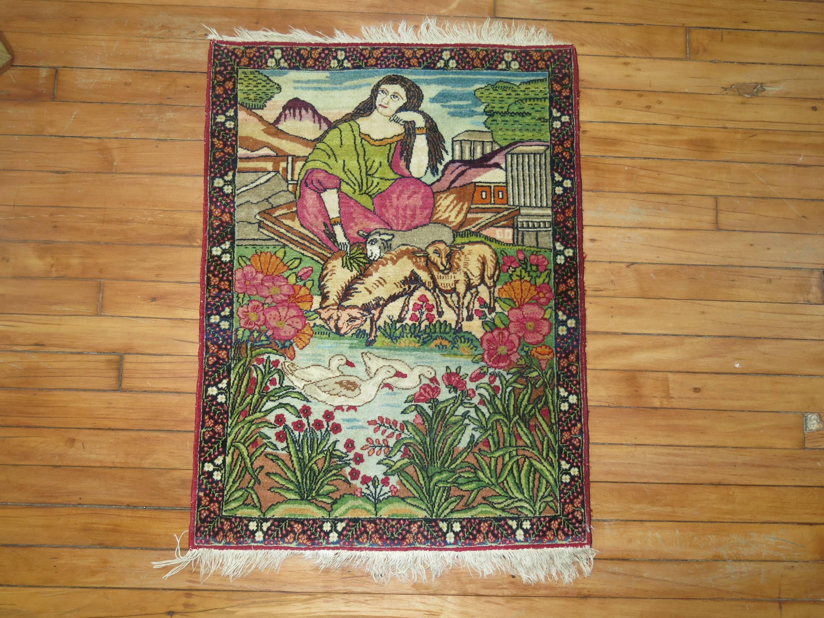 Pictorial Lavar Kerman Rug Mat In Good Condition For Sale In New York, NY