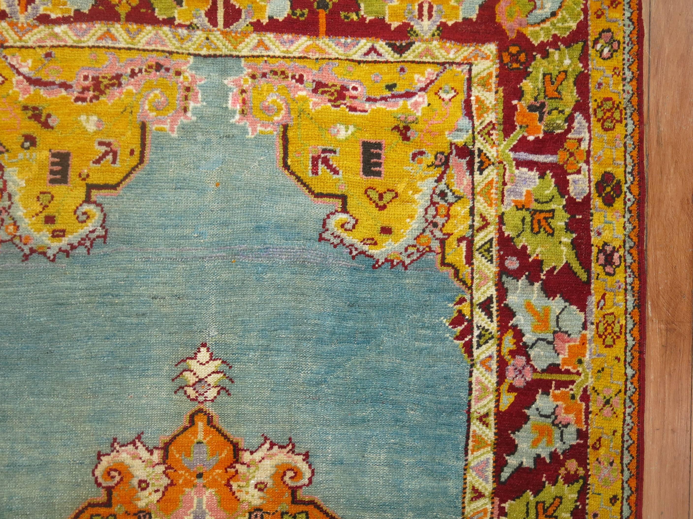 Oushak Rare Electric Blue Field Antique Turkish Melas Small Early 20th Century Rug For Sale
