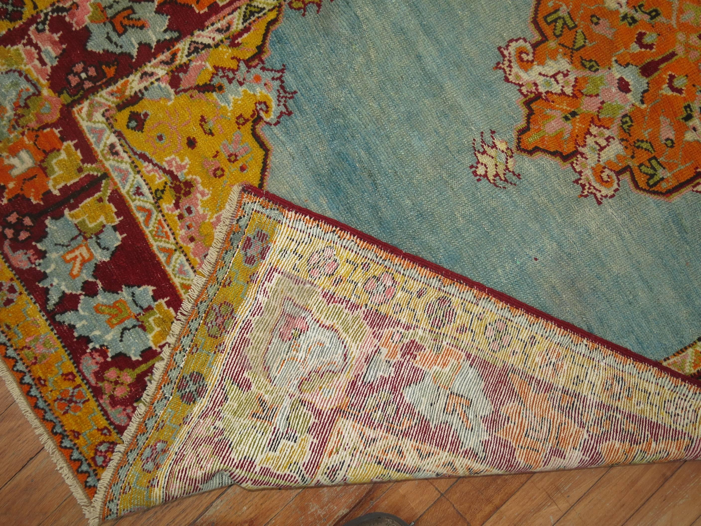 Oushak Rare Electric Blue Field Antique Turkish Melas Small Early 20th Century Rug For Sale