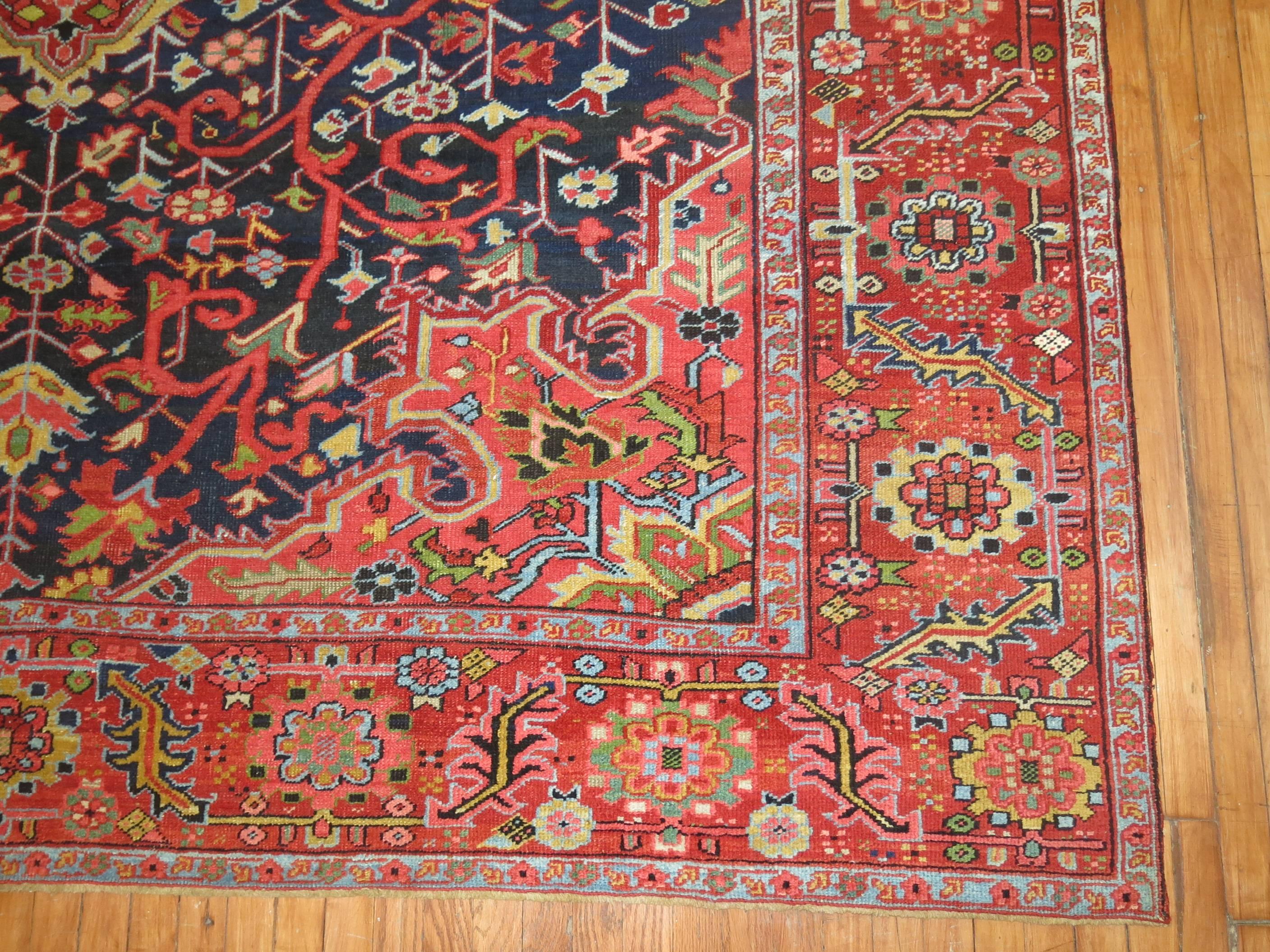 Hand-Woven Jewel Tone Antique Persian Heriz Full Pile Carpet