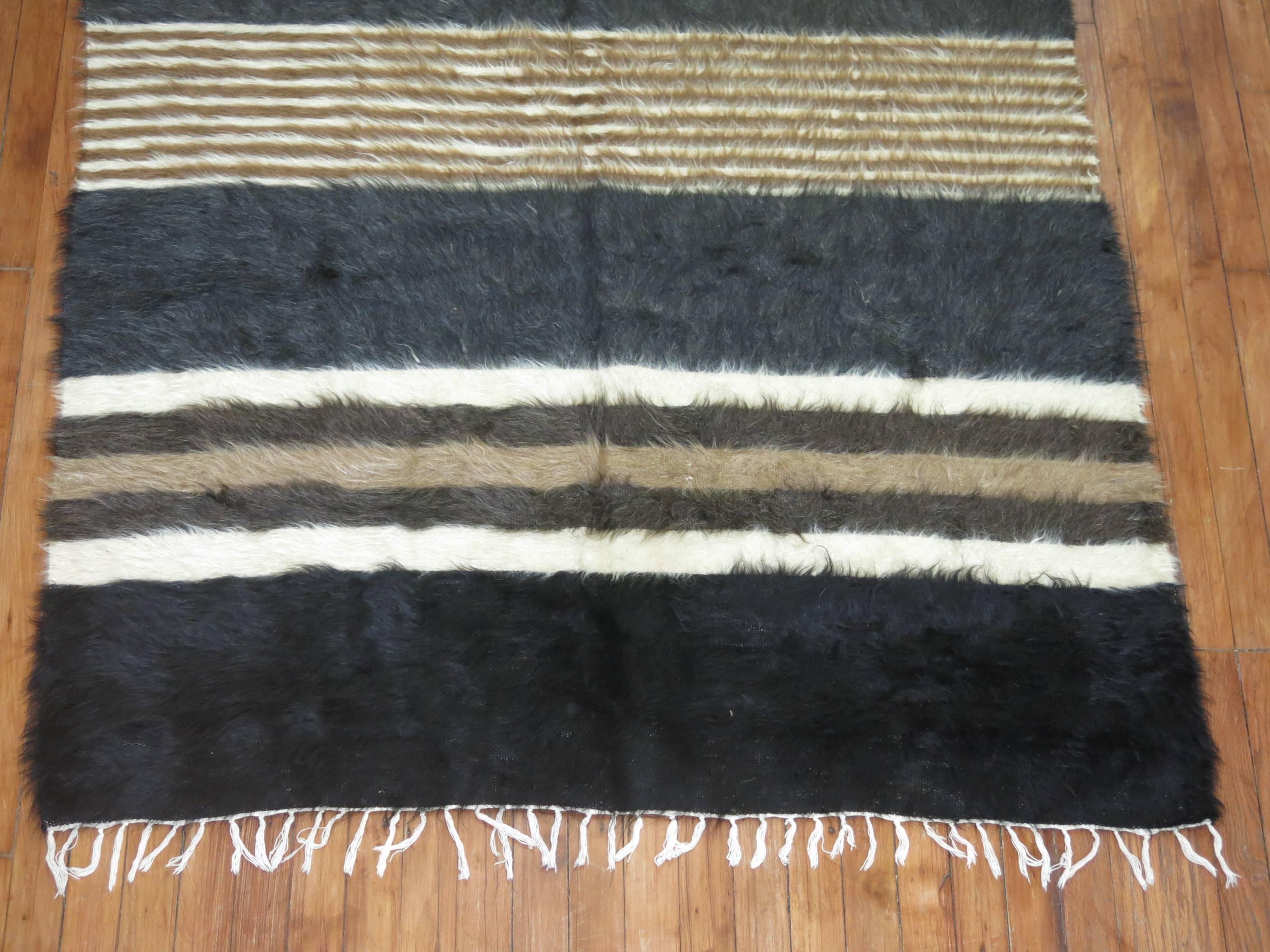 Organic Modern Black Gray Brown Ivory Plush Organic Vintage Mohair Wool Rug For Sale