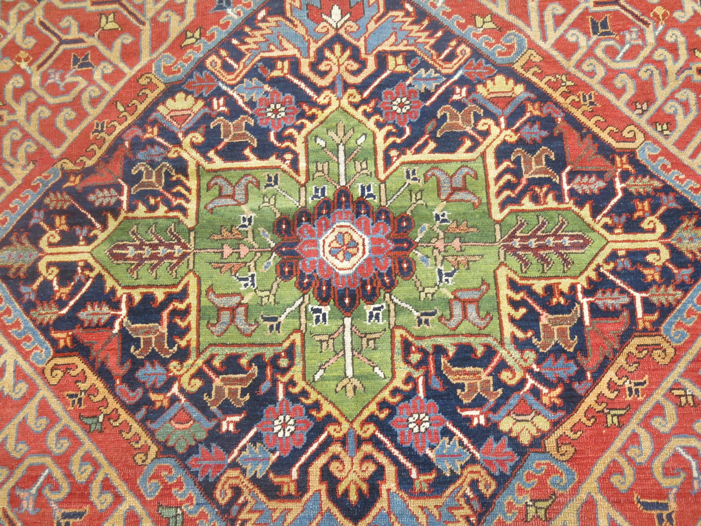Hand-Knotted Unique Color Combo Antique Persian Heriz Carpet For Sale