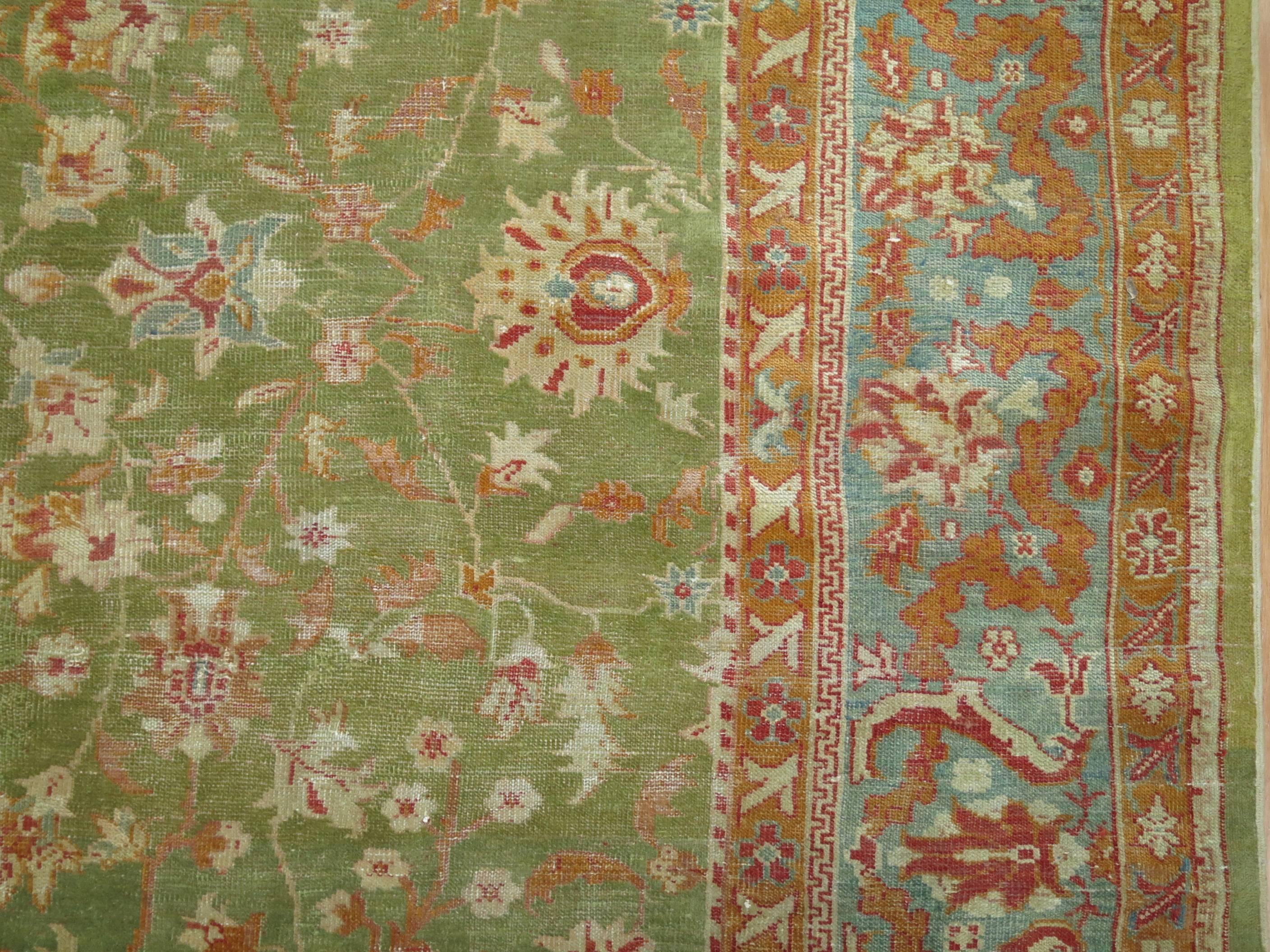 Hand-Knotted Greenery Antique Turkish Oushak Rug For Sale