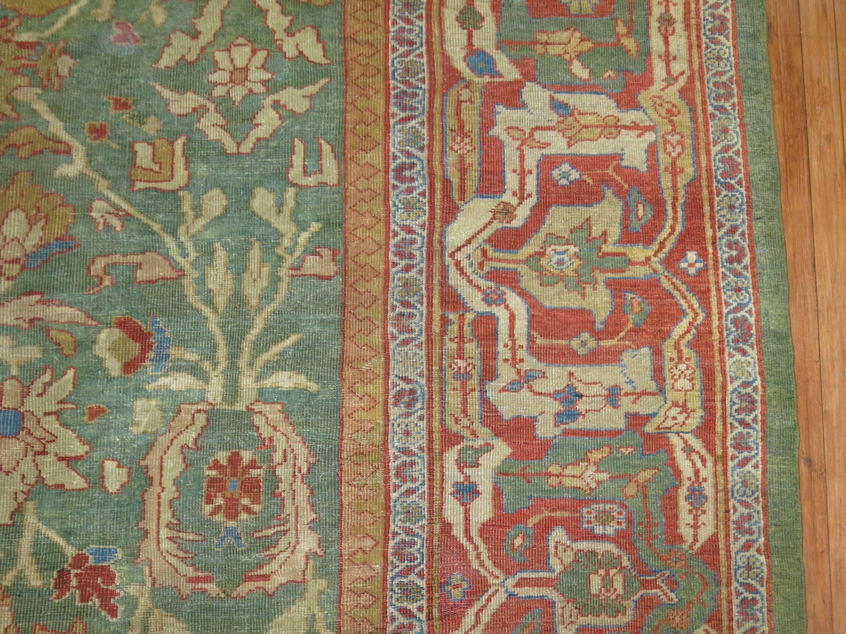 Hand-Woven Green Persian Sultanabad Mahal Rug