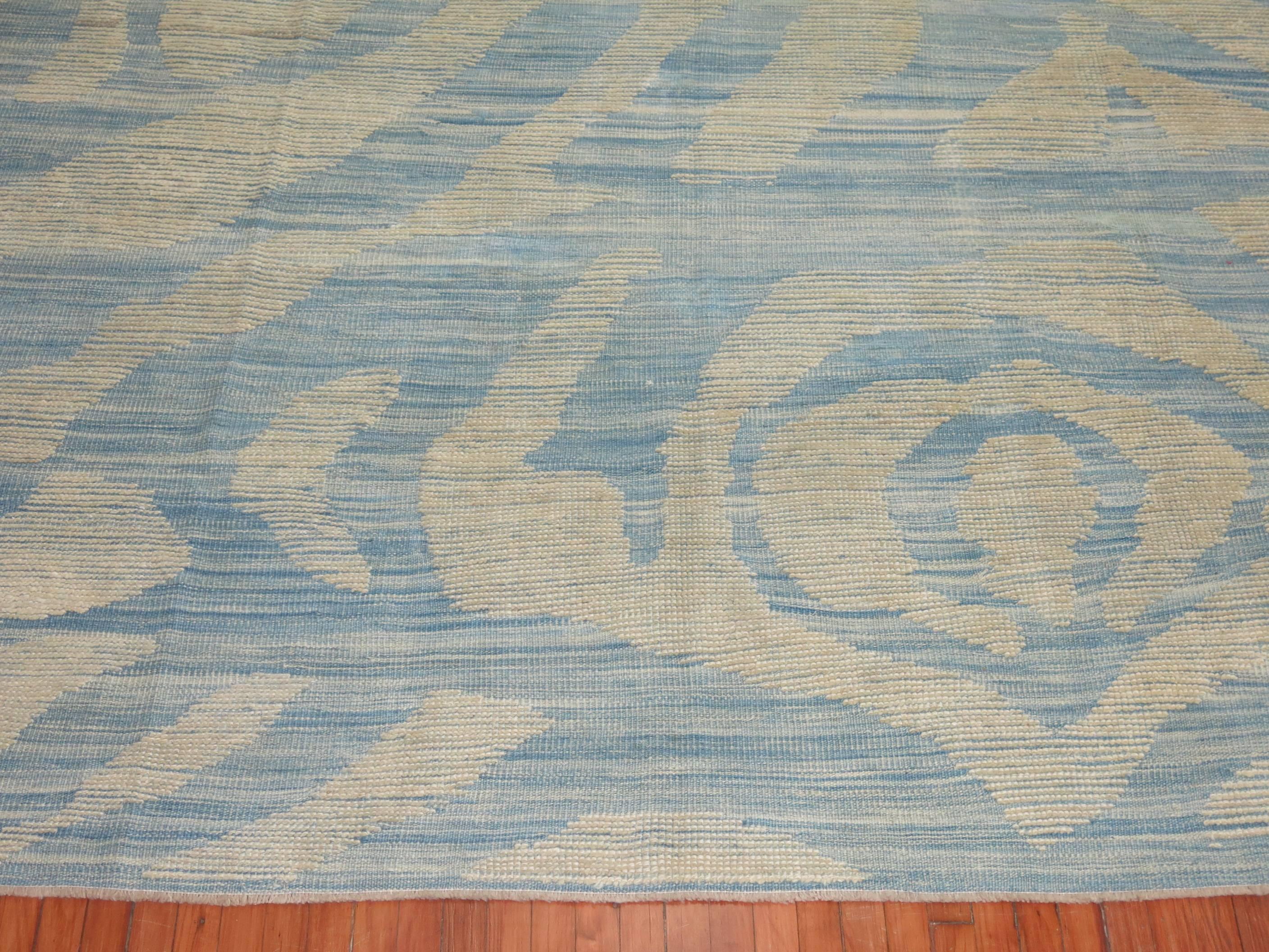 Hand-Knotted Blue Turkish Kilim Flat-Weave Wool Rug For Sale