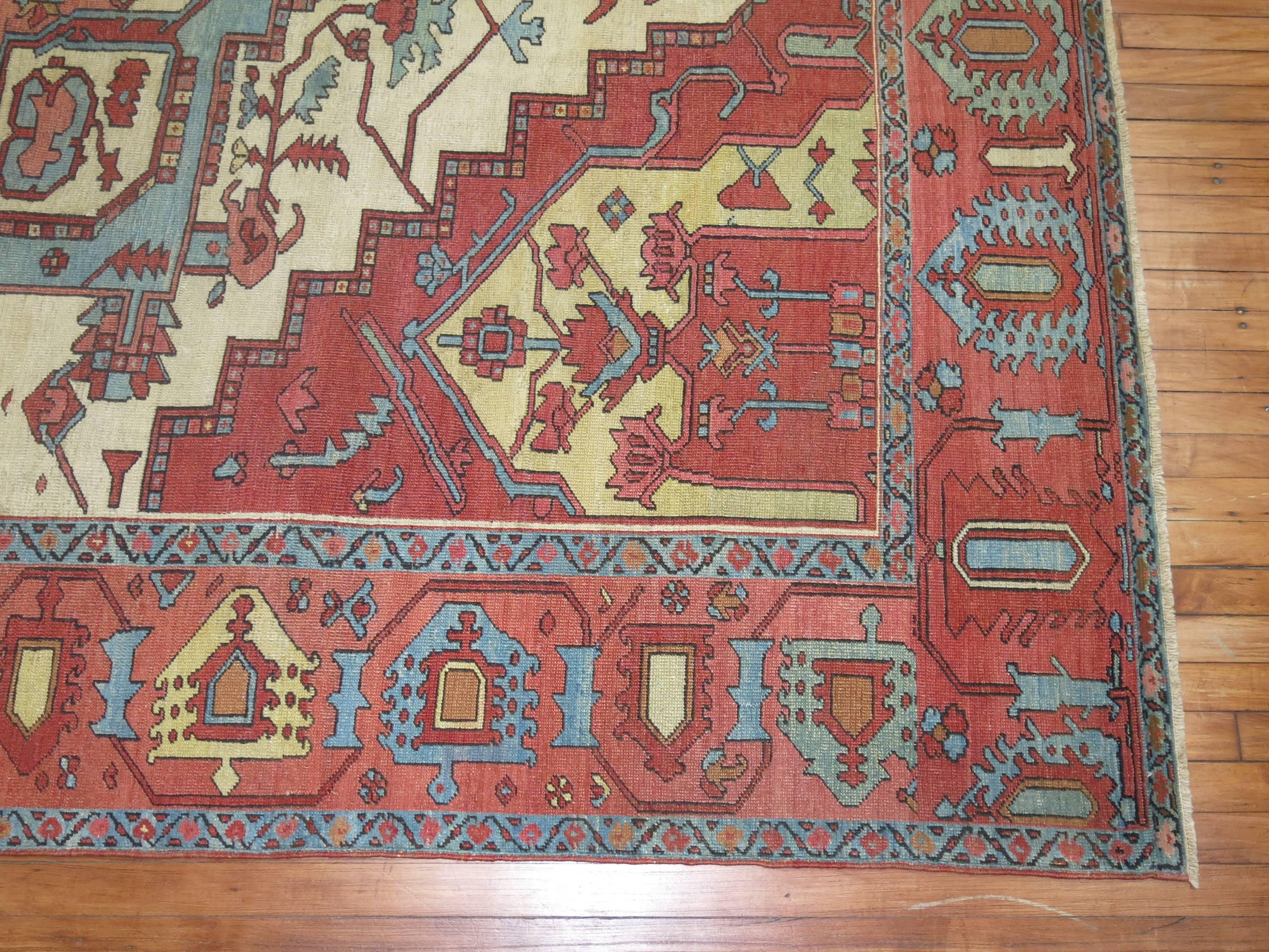 19th Century Square Ivory Pink Rust Antique Persian Serapi Carpet