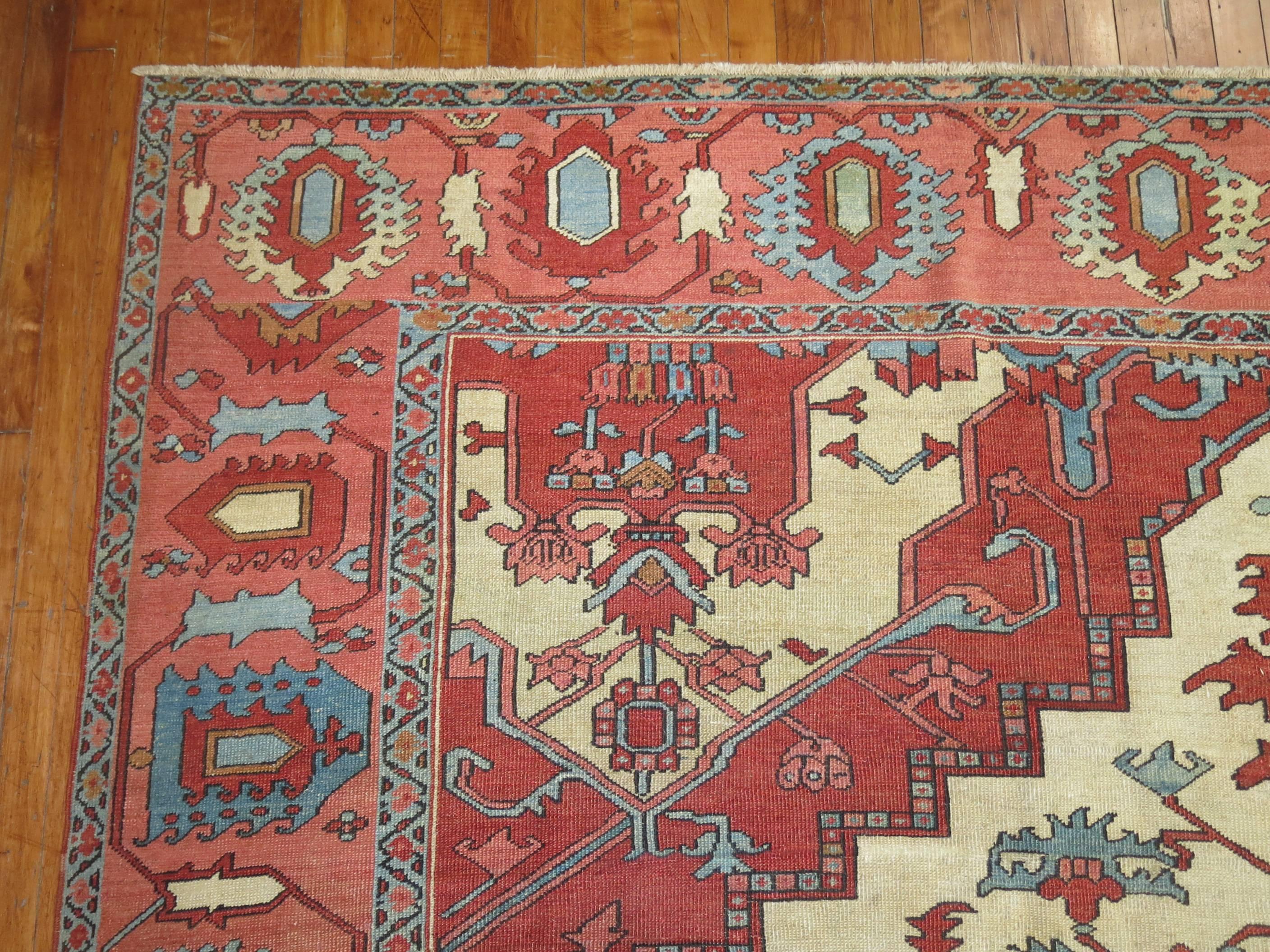 Square Ivory Pink Rust Antique Persian Serapi Carpet 3