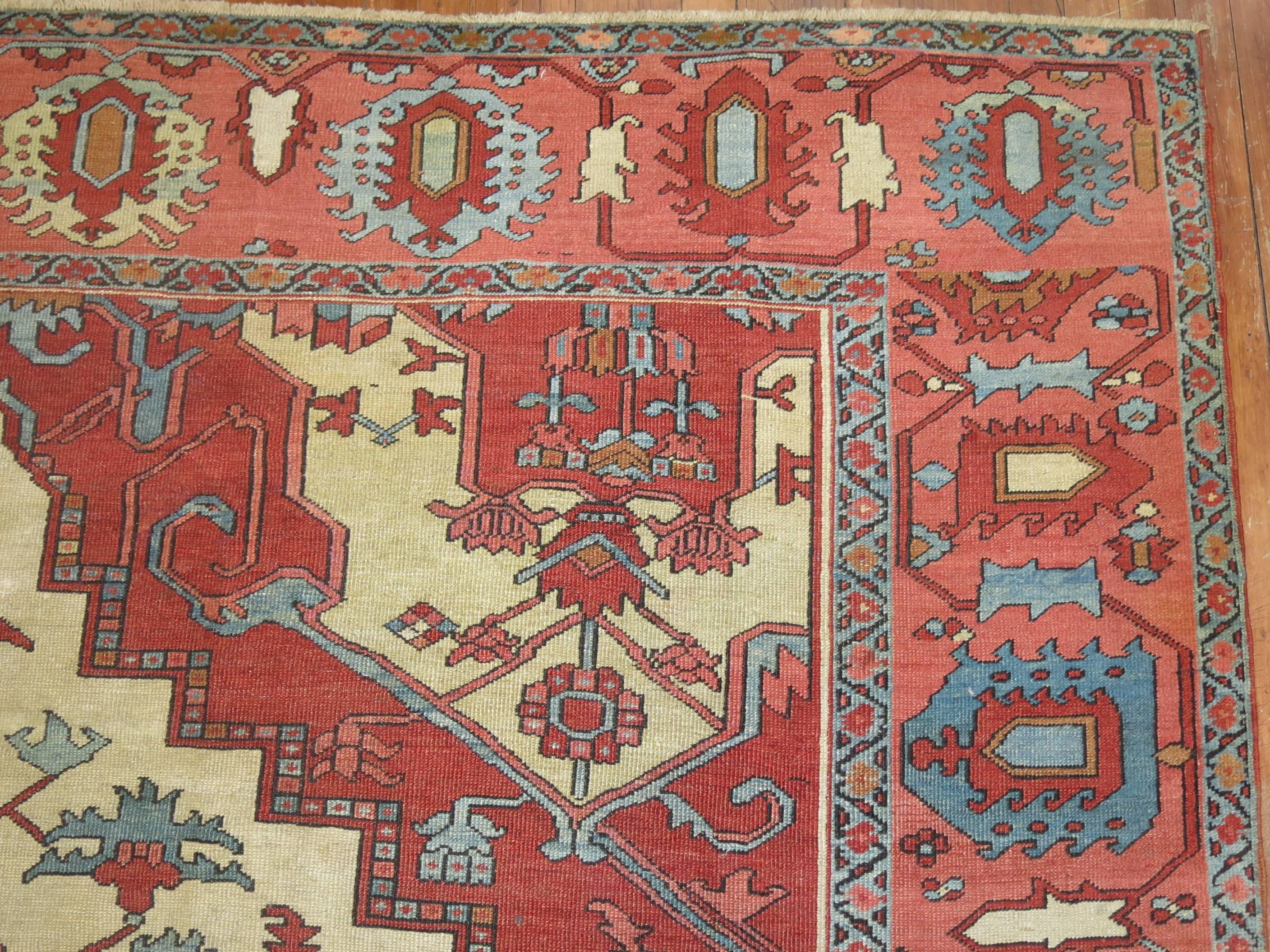 Square Ivory Pink Rust Antique Persian Serapi Carpet 5