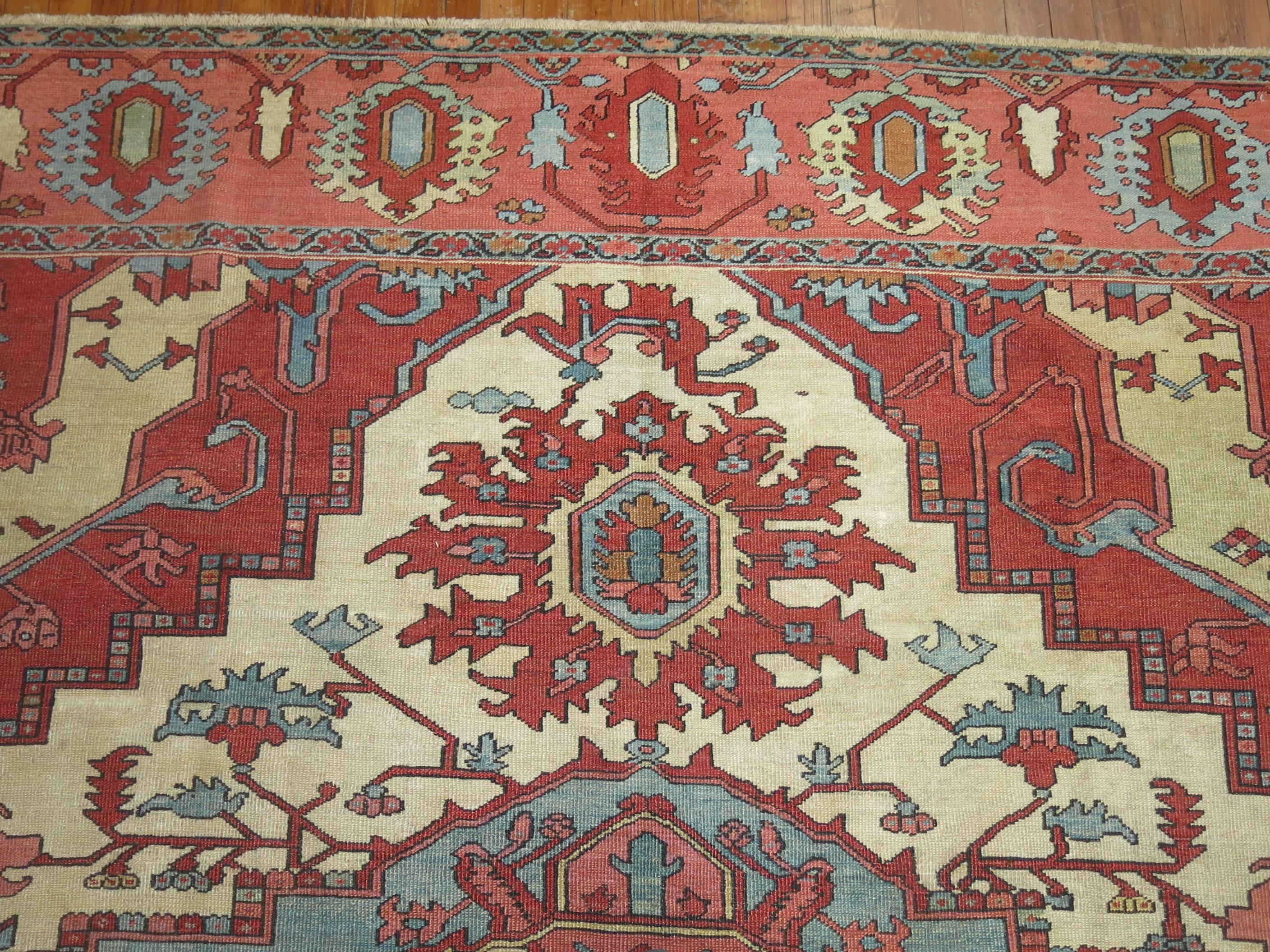 Square Ivory Pink Rust Antique Persian Serapi Carpet 6