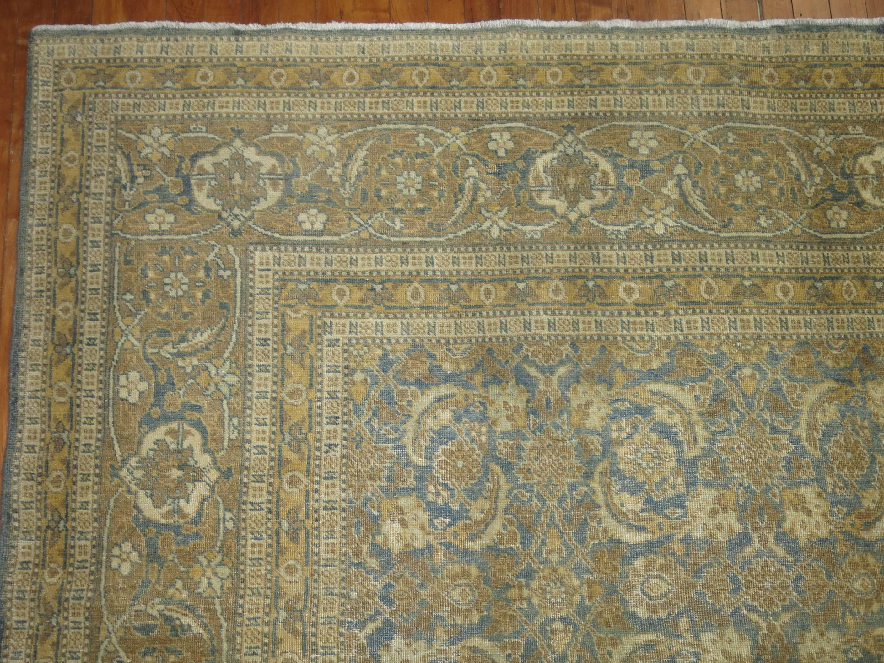 Blue Persian Tabriz Room Size Carpet In Good Condition For Sale In New York, NY