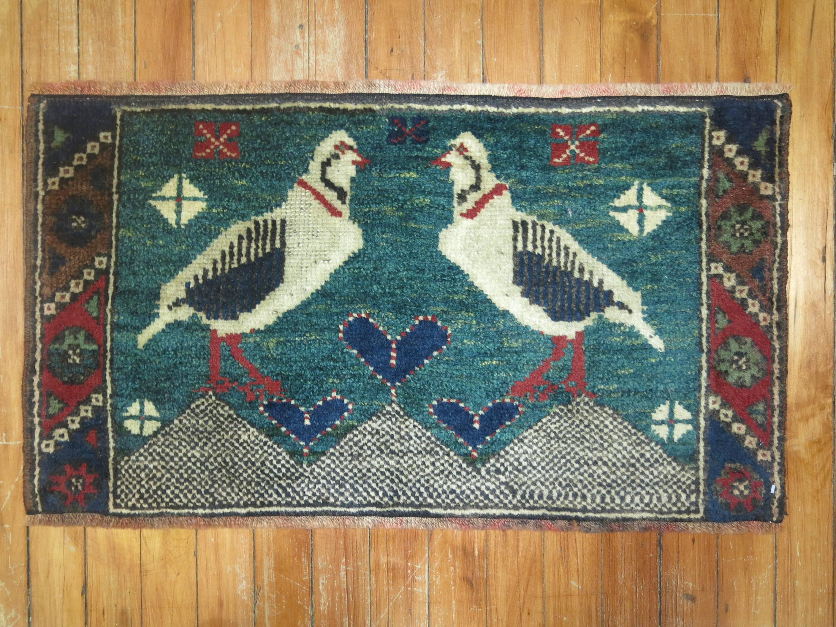 Hand-Knotted Pictorial Vintage Persian Pigeon Rug