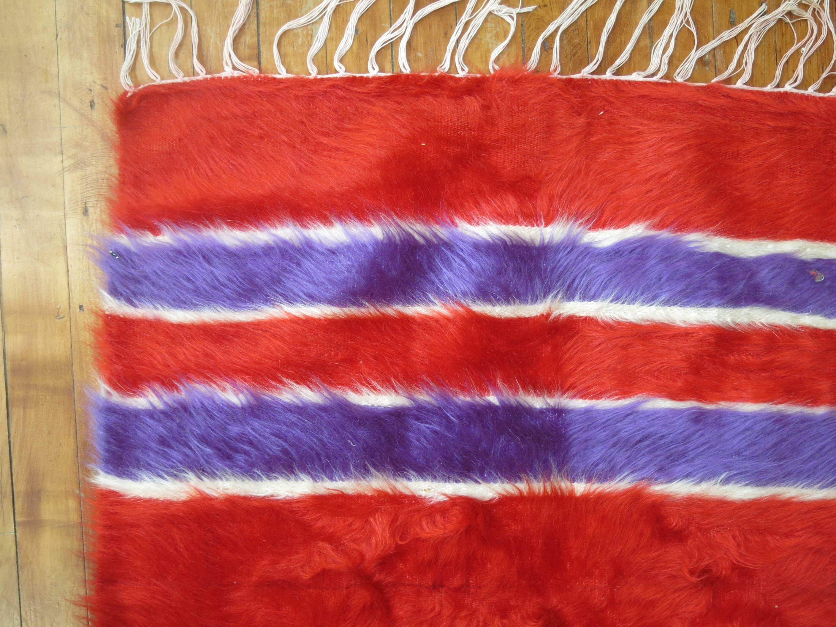 Mid-Century Modern Red Purple Vintage Mohair Throw Rug For Sale