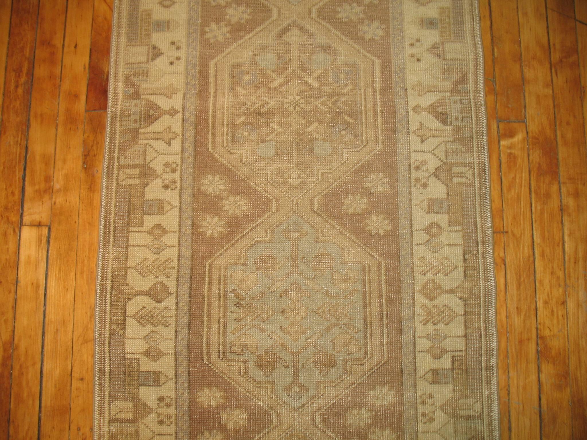 Hand-Knotted Neutral Brown Geometric Turkish Scenic Runner For Sale