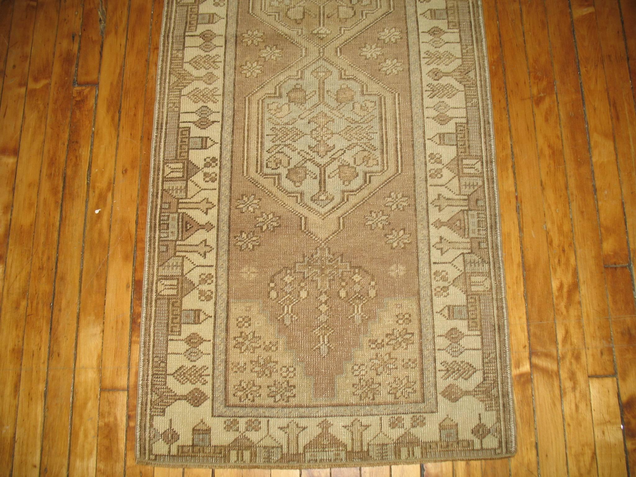 Midcentury Turkish runner. Brown field, with tan border consisting of scenic homes and buildings.

Measures: 2'5