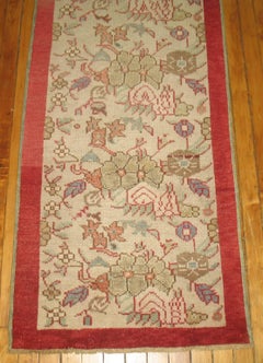 Vintage Turkish Runner Ivory Field Red Border