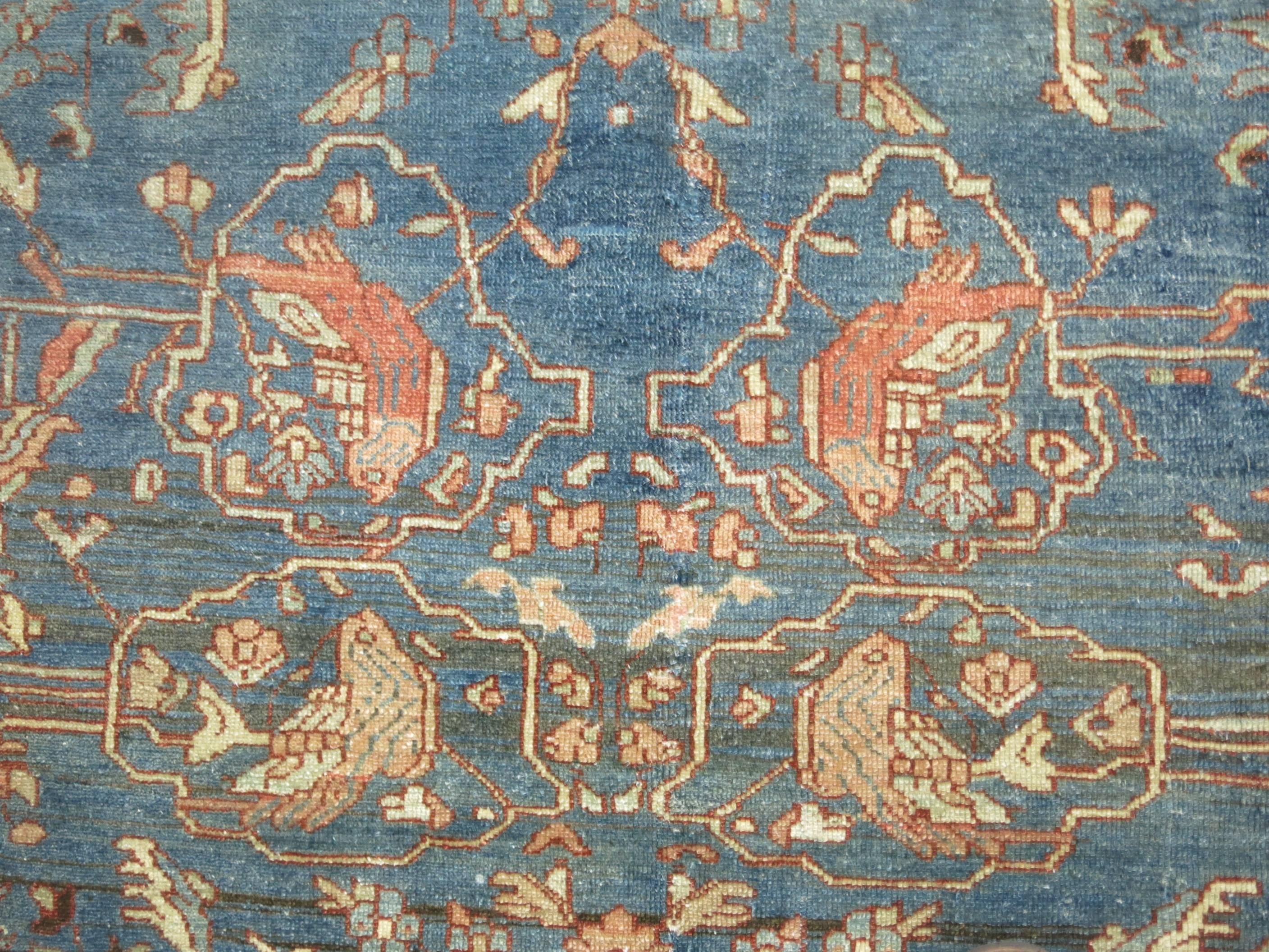 Gustavian Light Blue Terracotta 20th Century Room Size Pigeon Motif Persian Malayer Rug For Sale