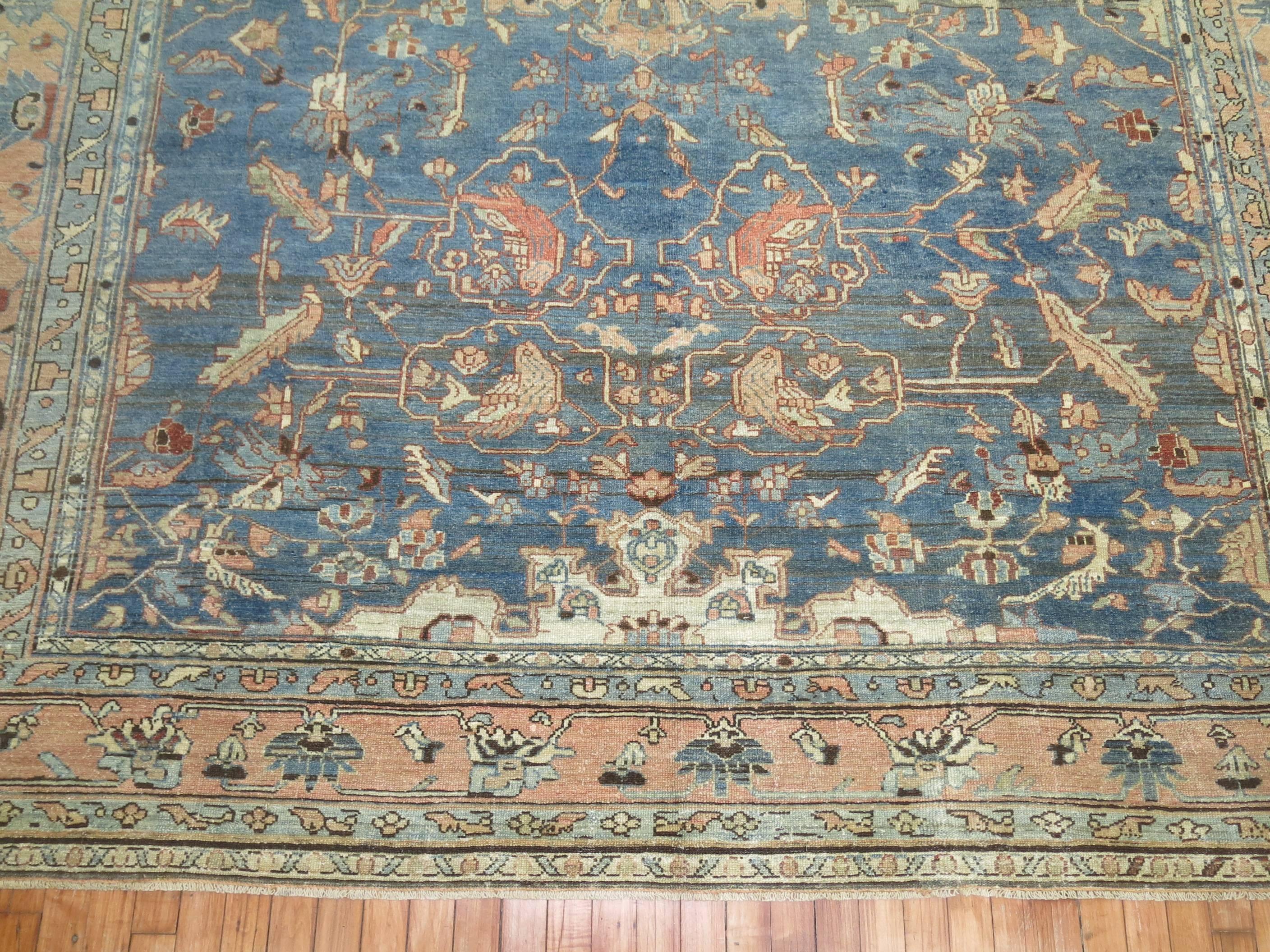 Wool Light Blue Terracotta 20th Century Room Size Pigeon Motif Persian Malayer Rug For Sale