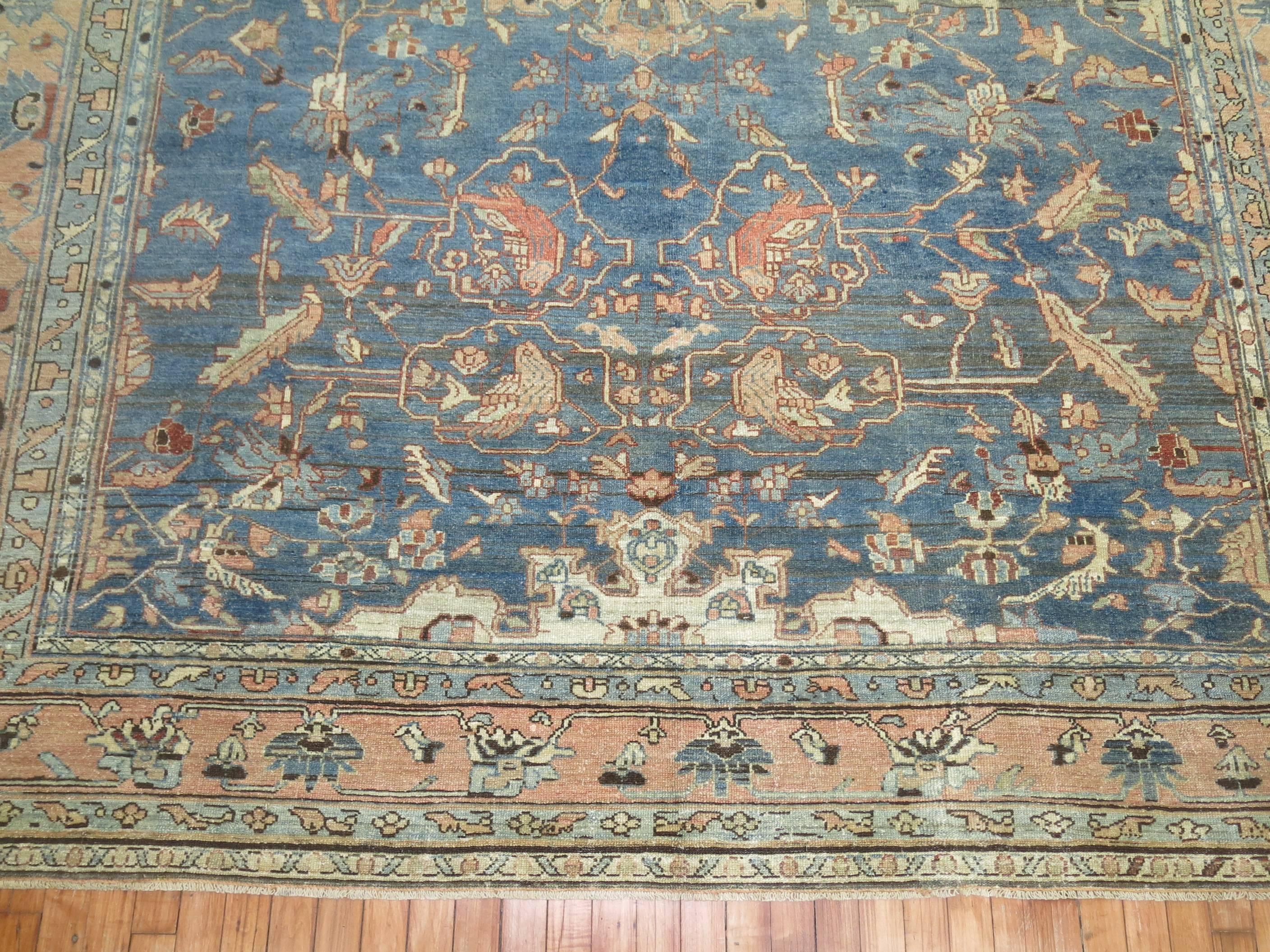 Laine Tapis persan Malayer en terre cuite bleu clair à motif de pigeon, taille de pièce, XXe siècle en vente