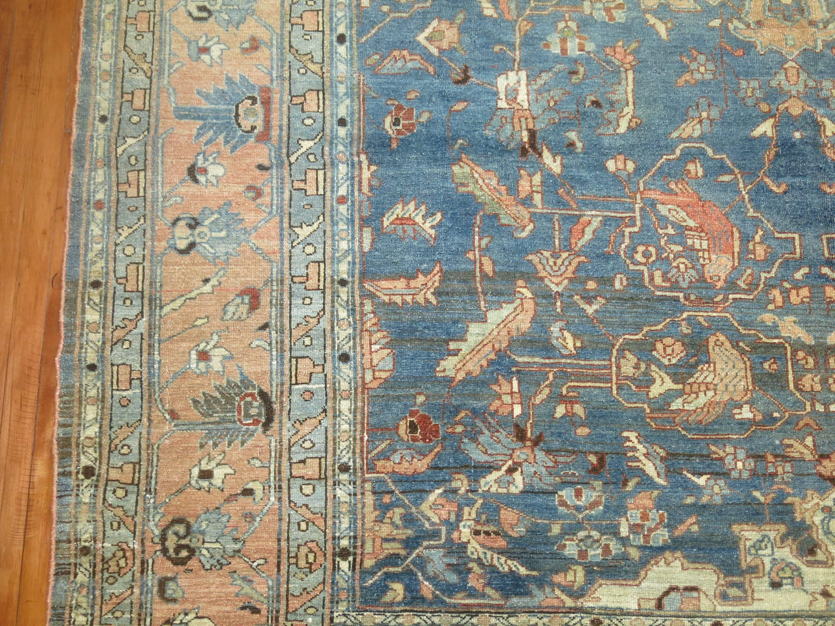 Light Blue Terracotta 20th Century Room Size Pigeon Motif Persian Malayer Rug For Sale 1