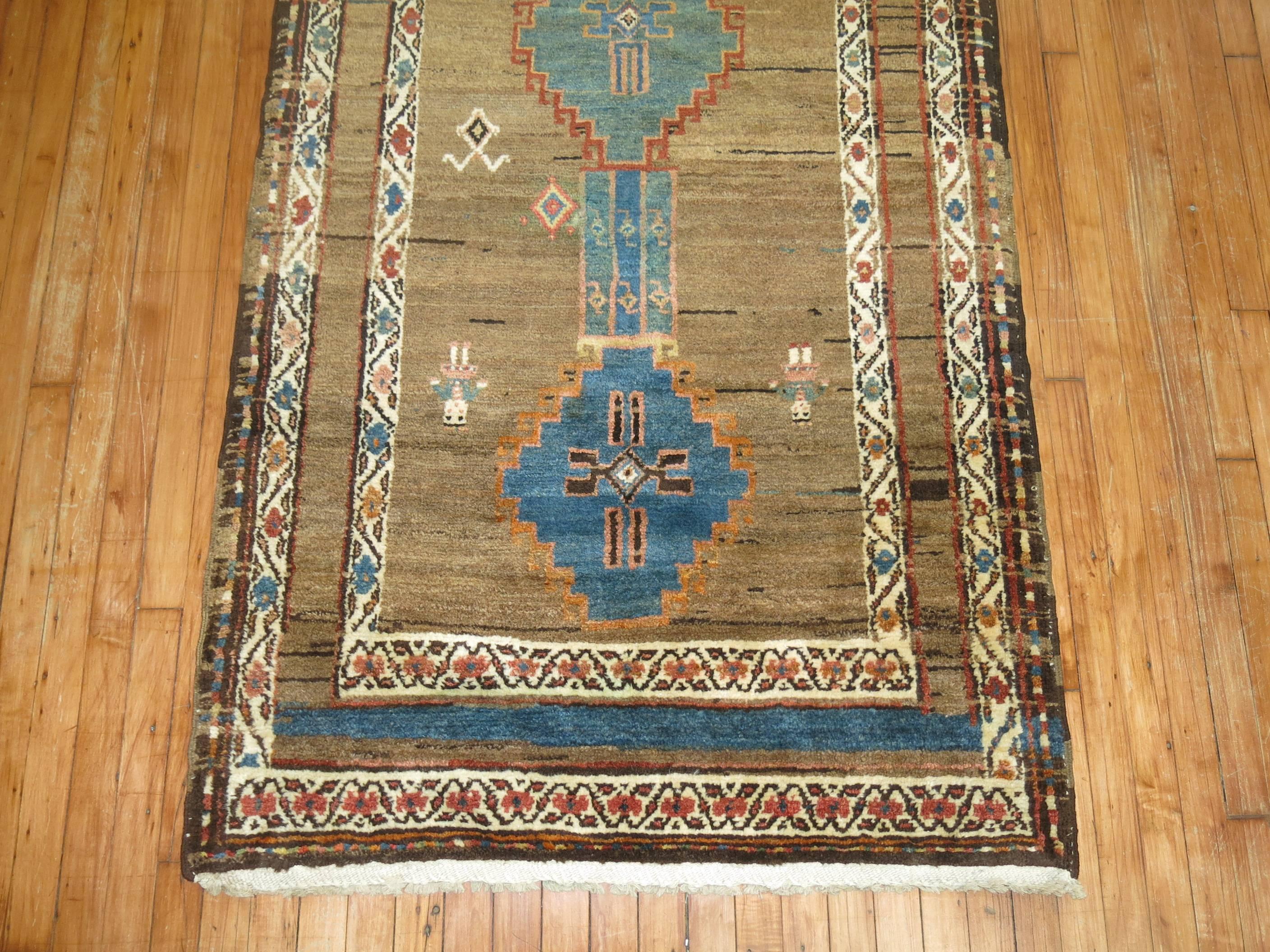 Tribal Navy Camel Primitive Persian Kurd Runner In Excellent Condition For Sale In New York, NY