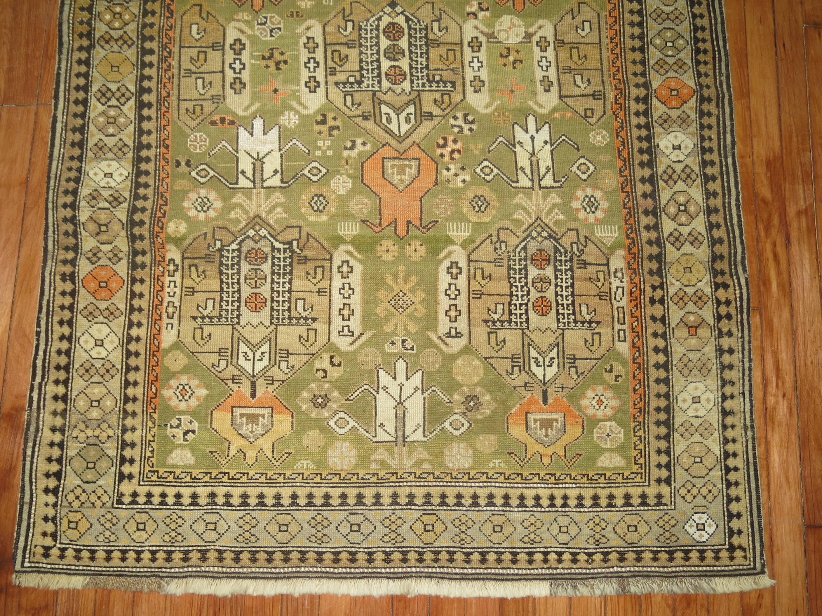 Hand-Knotted Green Antique Caucasian Rug