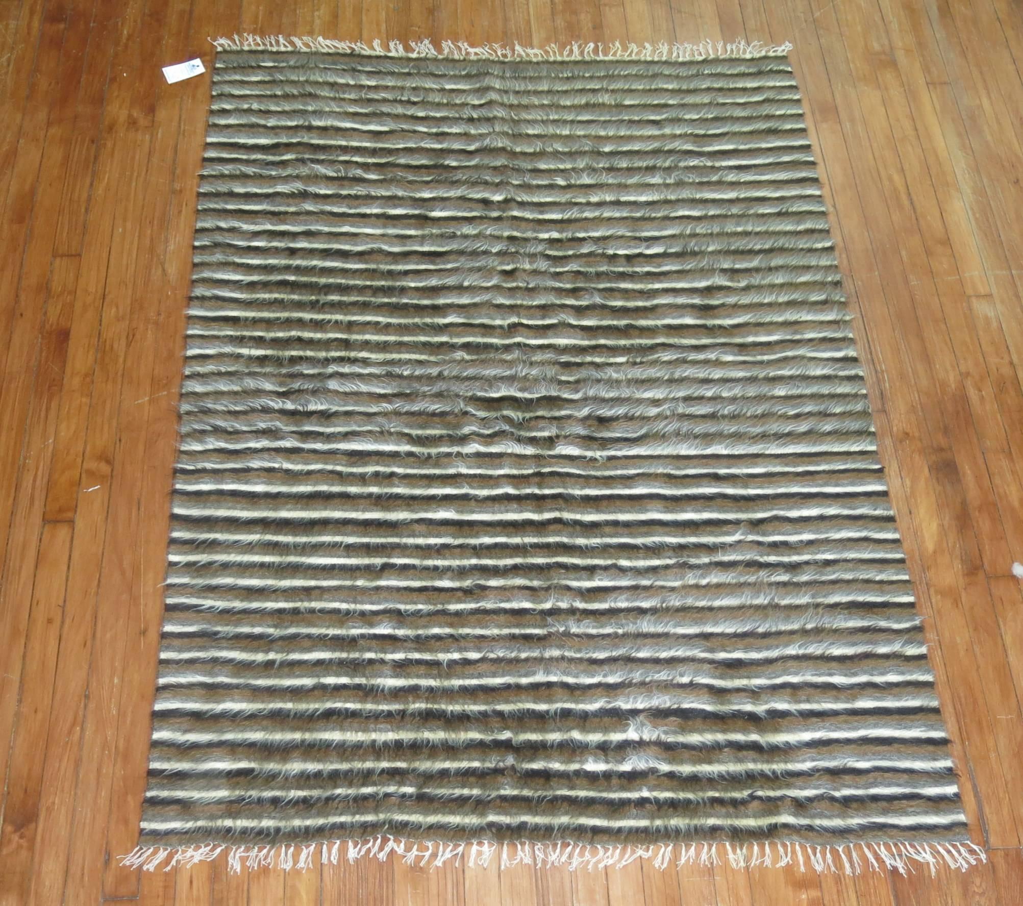 Vintage Mohair rug with a striped design in brown, black, gray.