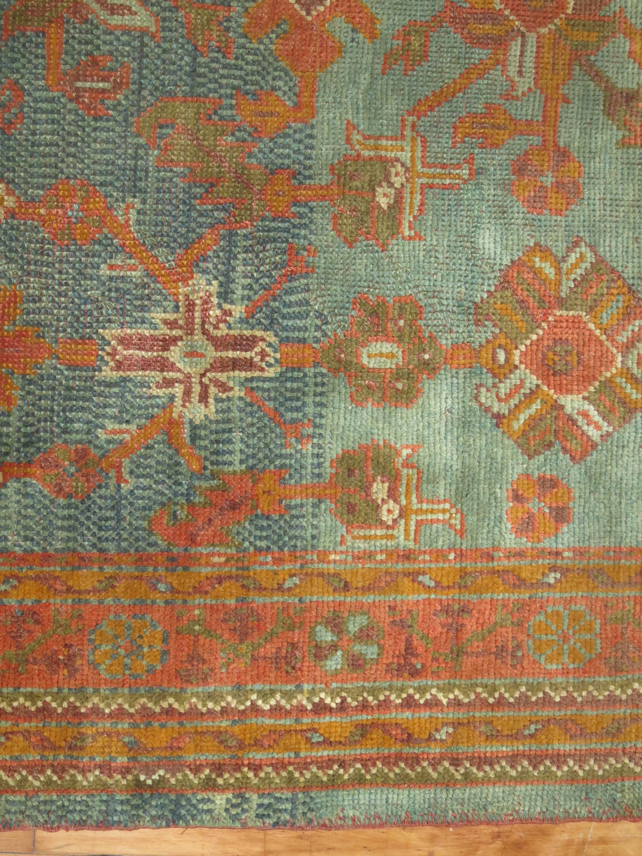Hand-Knotted Green Orange Antique Oushak Square Rug