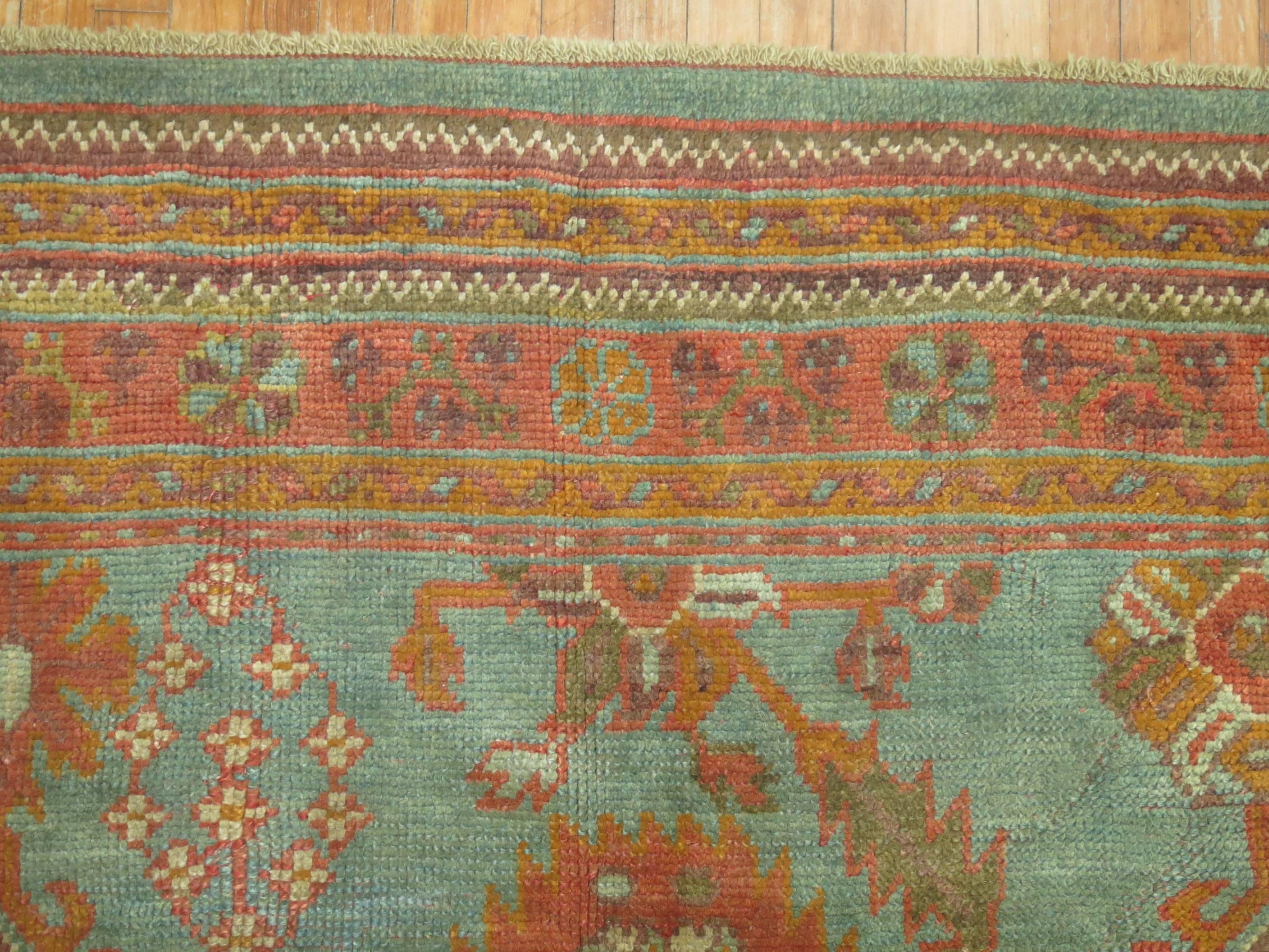 Green Orange Antique Oushak Square Rug In Good Condition In New York, NY