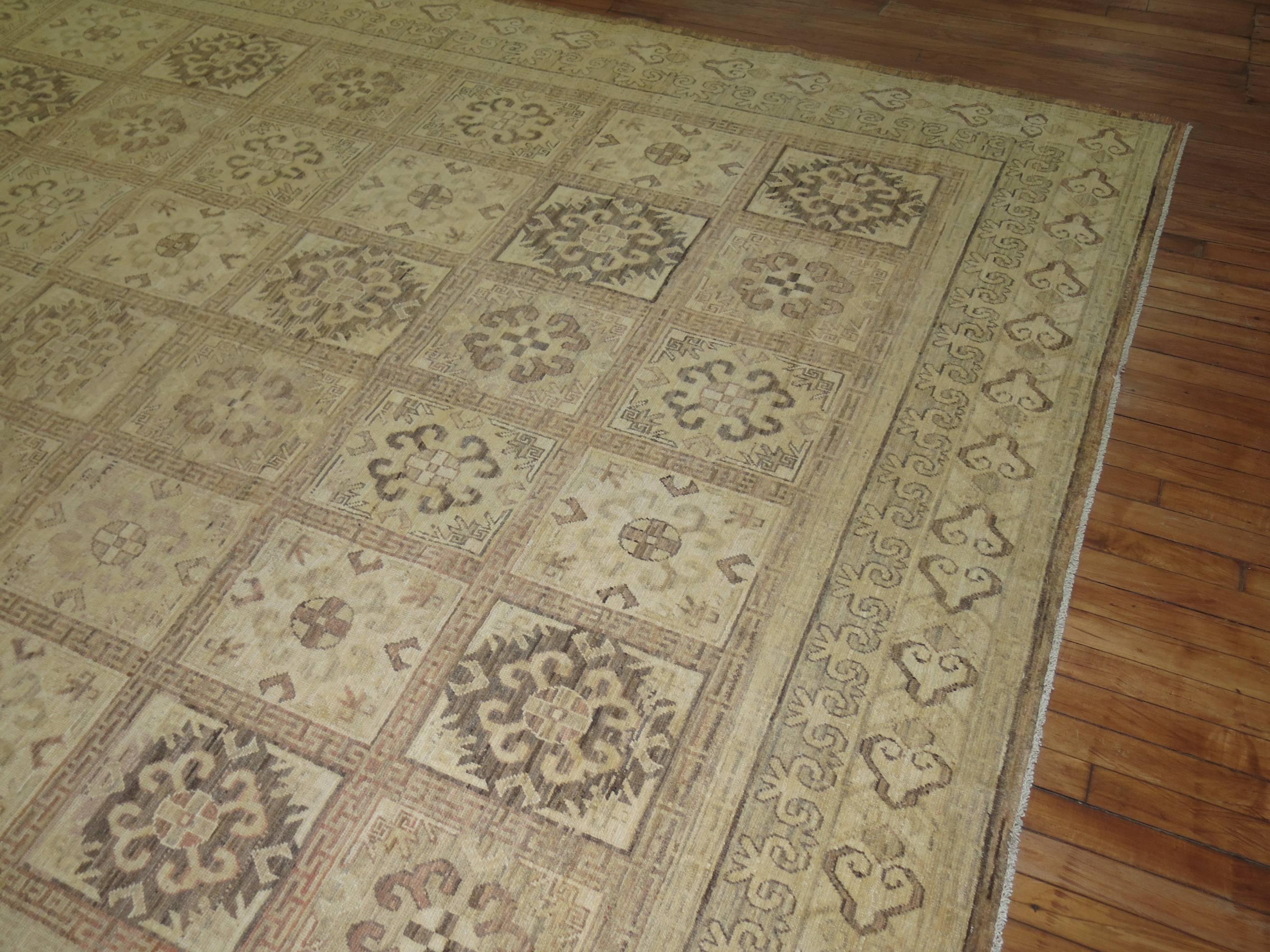 Ein alter Khotan-Teppich mit einem Allover-Panel-Muster, das typisch für persische Bachtiar- oder Täbris-Teppiche aus der Mitte des 20. Beige, braun, anthrazitfarben

Drittes Quartal des 20. Jahrhunderts. Maße: 8'8