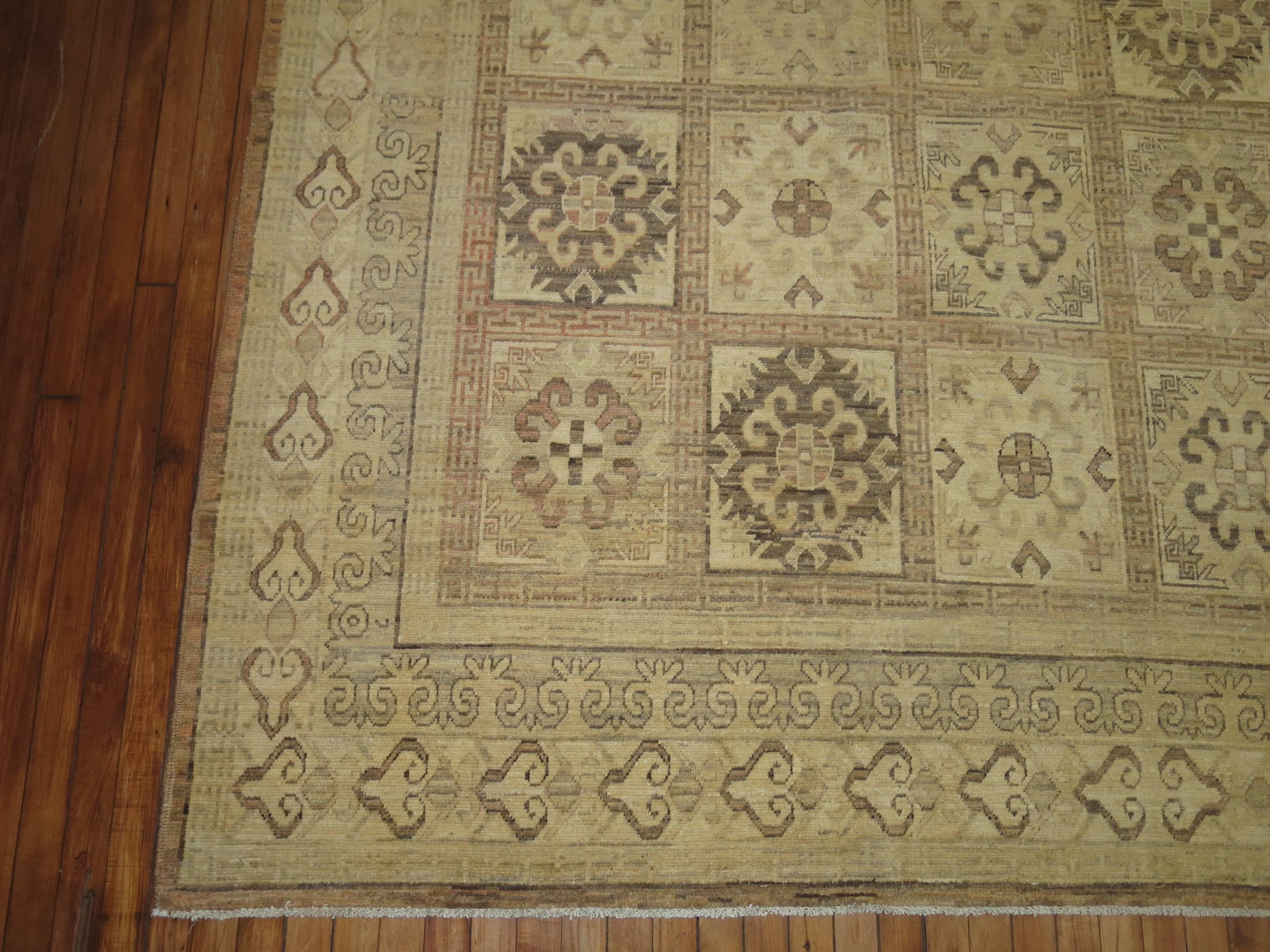 Wool Neutral Vintage Room Size Khotan Rug For Sale