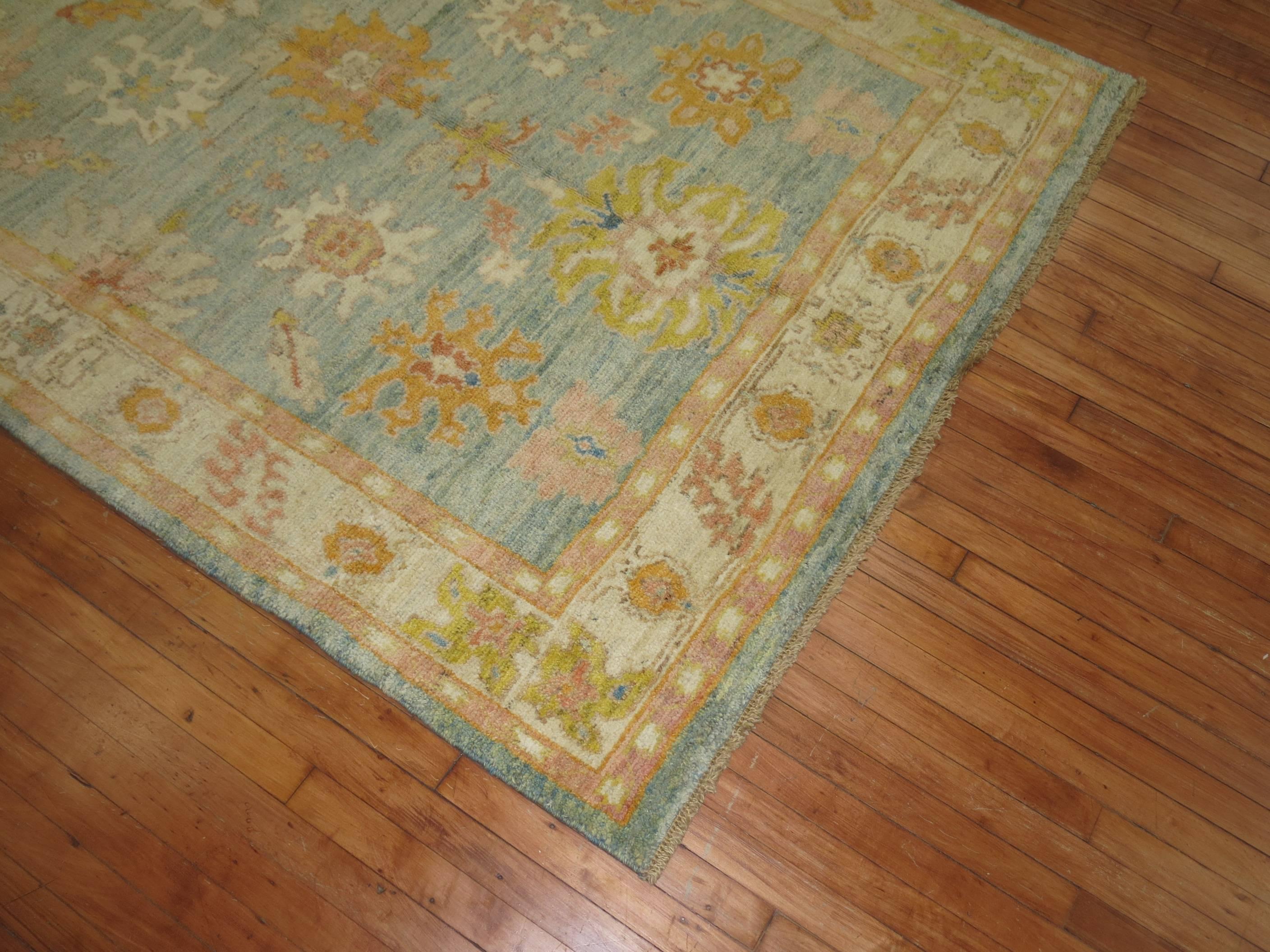 Hand-Woven Light Blue Orange Vintage Inspired Oushak Rug