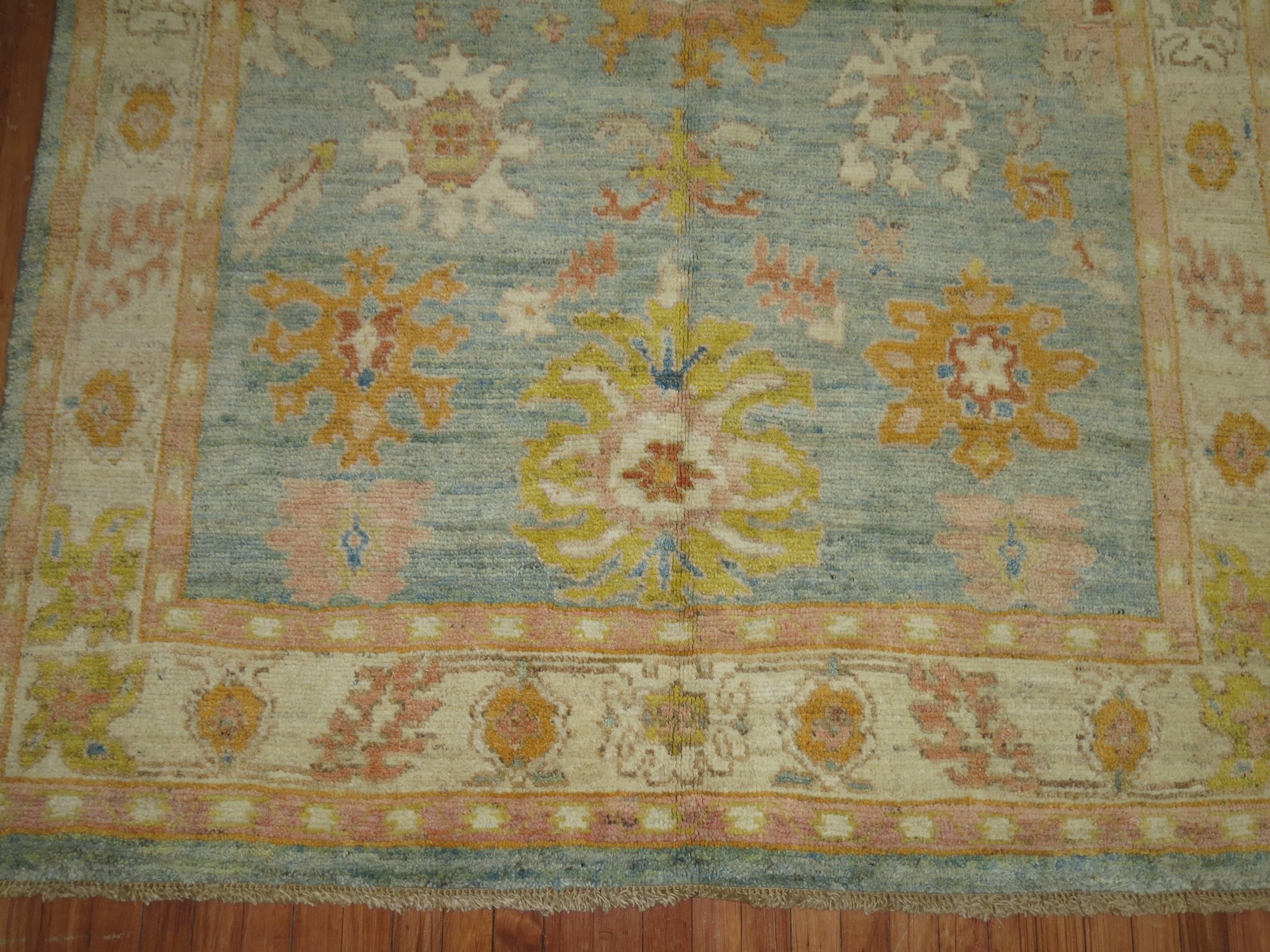 Light Blue Orange Vintage Inspired Oushak Rug In Excellent Condition In New York, NY