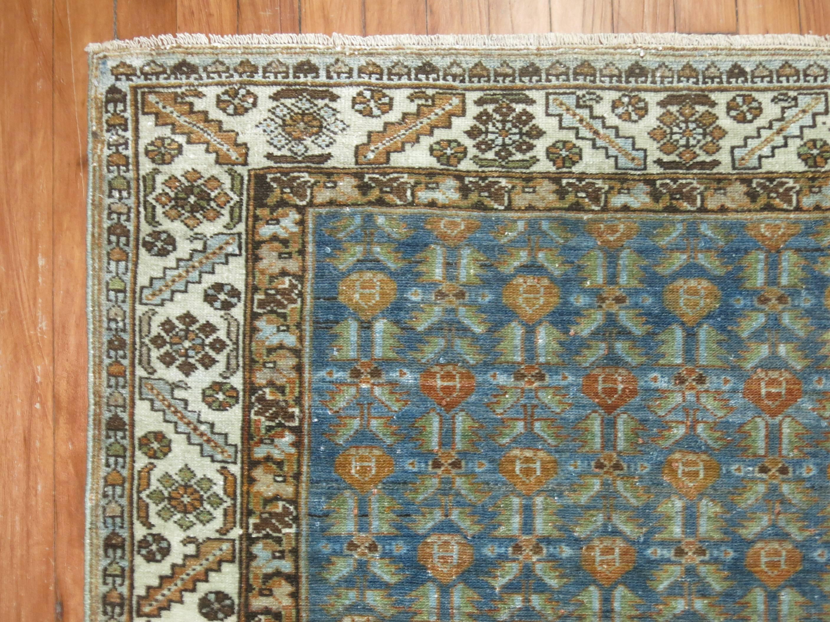 Hand-Knotted Persian Malayer Rug in Blues and Peach