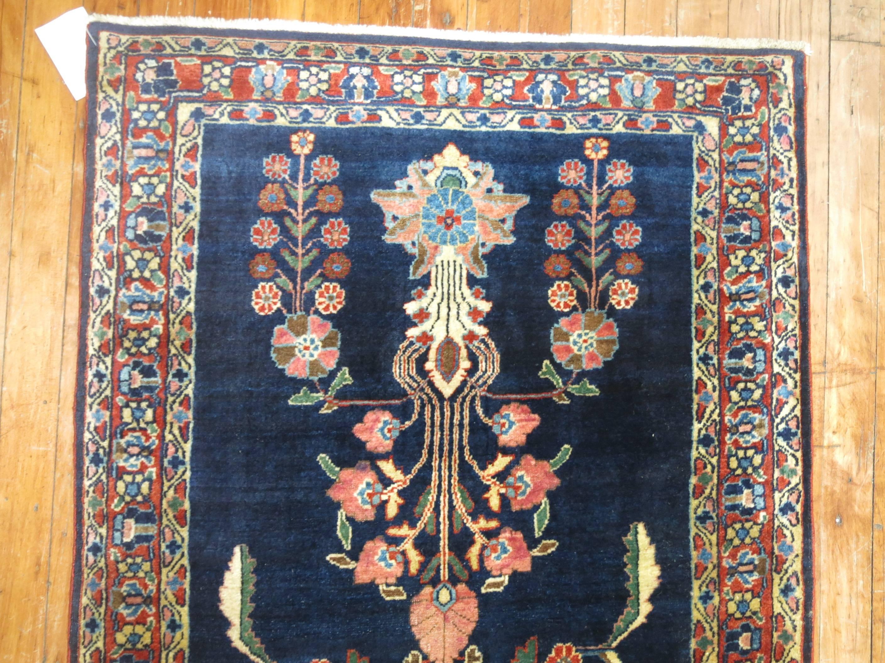 Wool Navy Blue Antique Persian Sarouk Runner