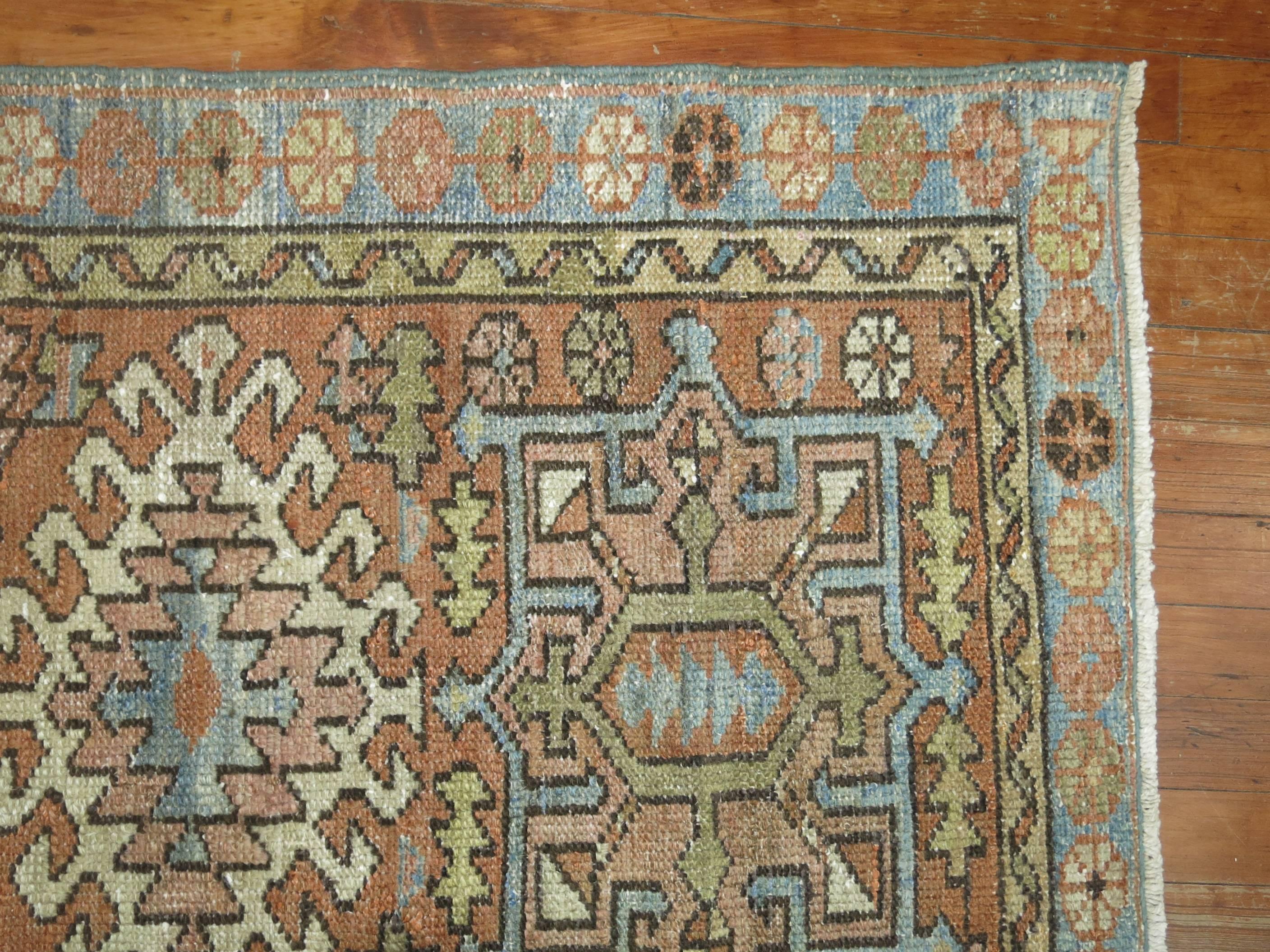 Hand-Knotted Persian Heriz Throw Rug with Light Blue Accents