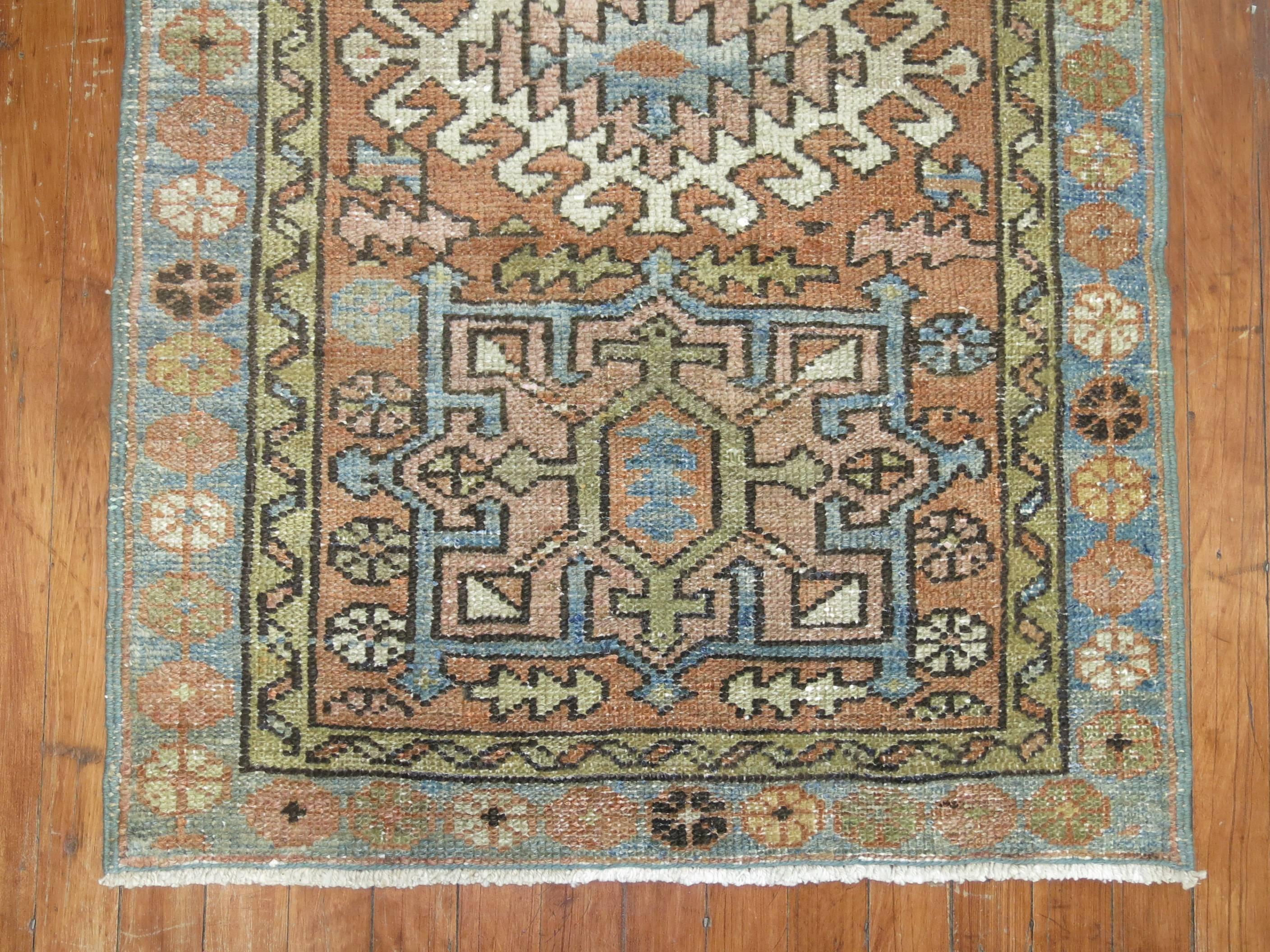 Persian Heriz Throw Rug with Light Blue Accents In Good Condition In New York, NY