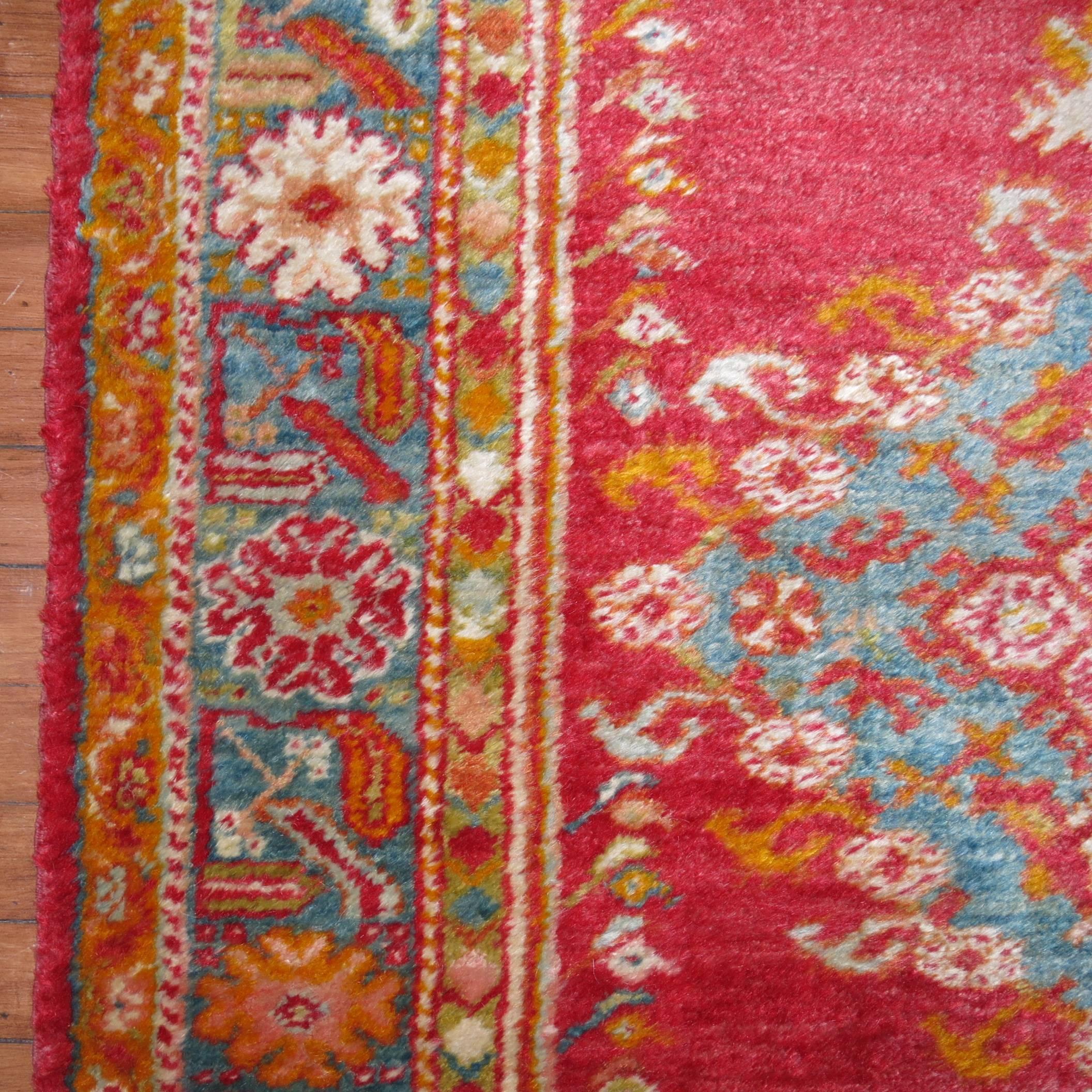Turkish Red Turquoise Angora Wool Antique Oushak Throw Rug