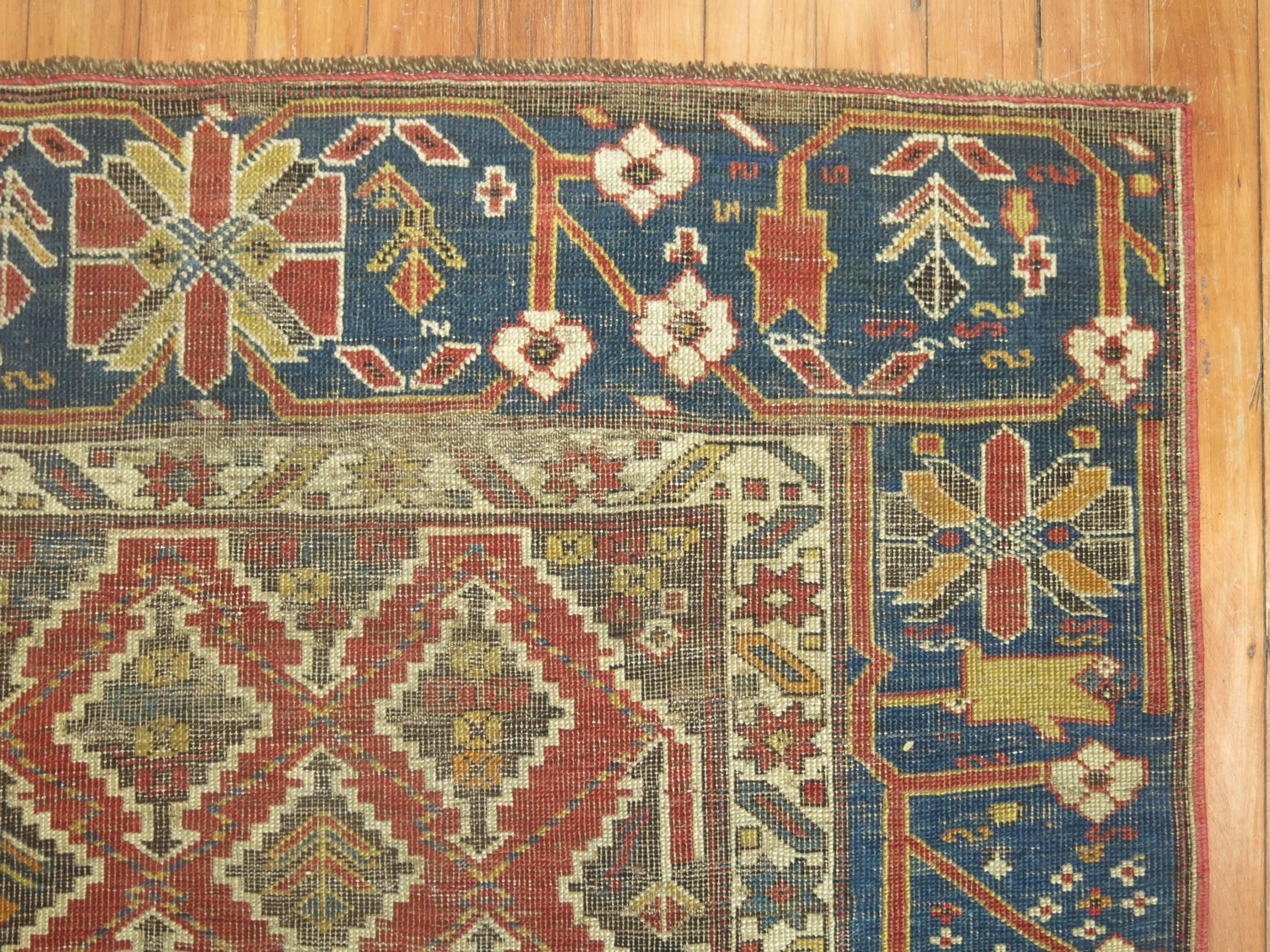 19th Century Rustic Caucasian Tribal Throw Rug In Fair Condition For Sale In New York, NY