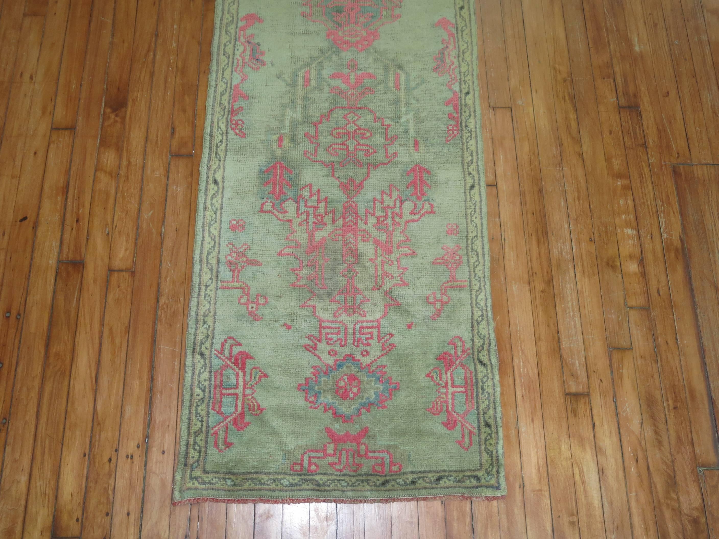 Turkish Antique Oushak Runner with Hot Pink Accents