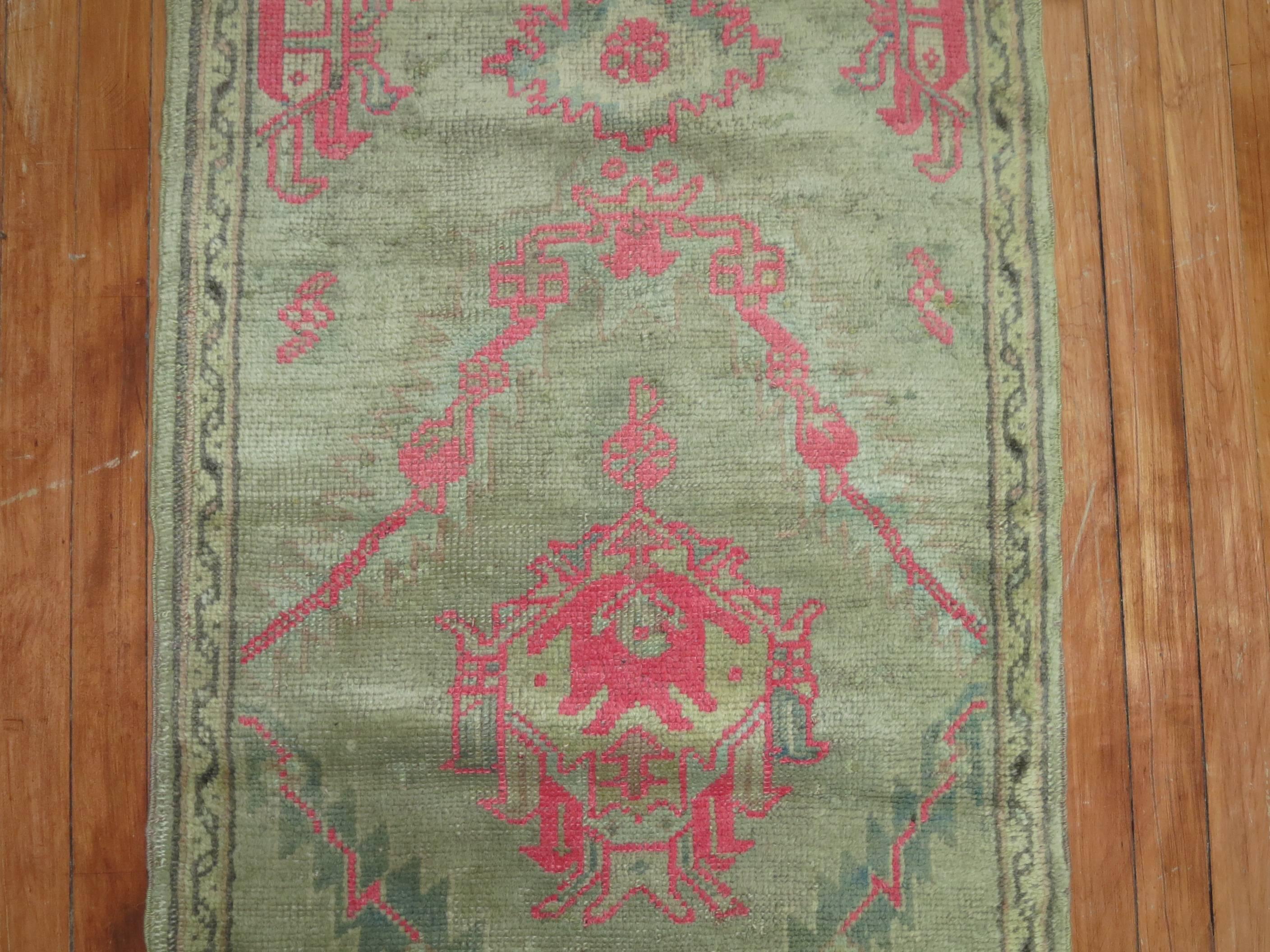 Antique Oushak Runner with Hot Pink Accents In Good Condition In New York, NY