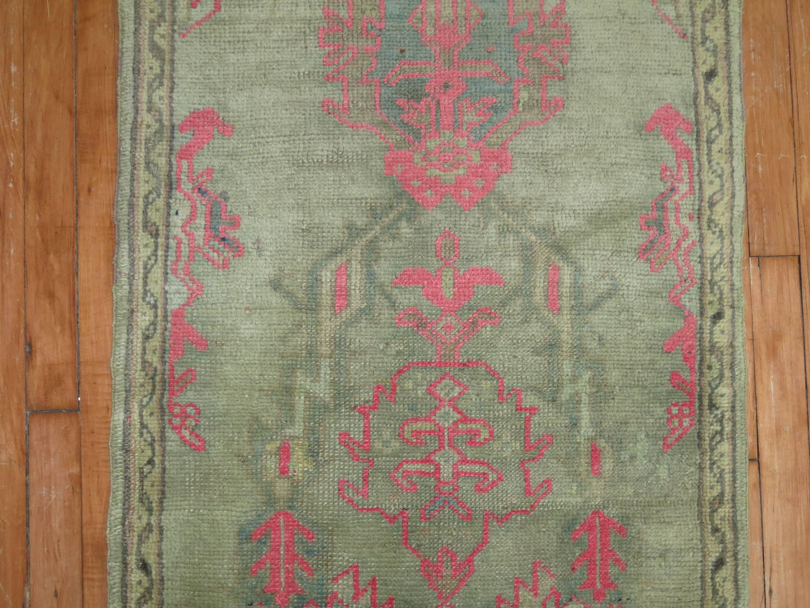 Hand-Knotted Antique Oushak Runner with Hot Pink Accents