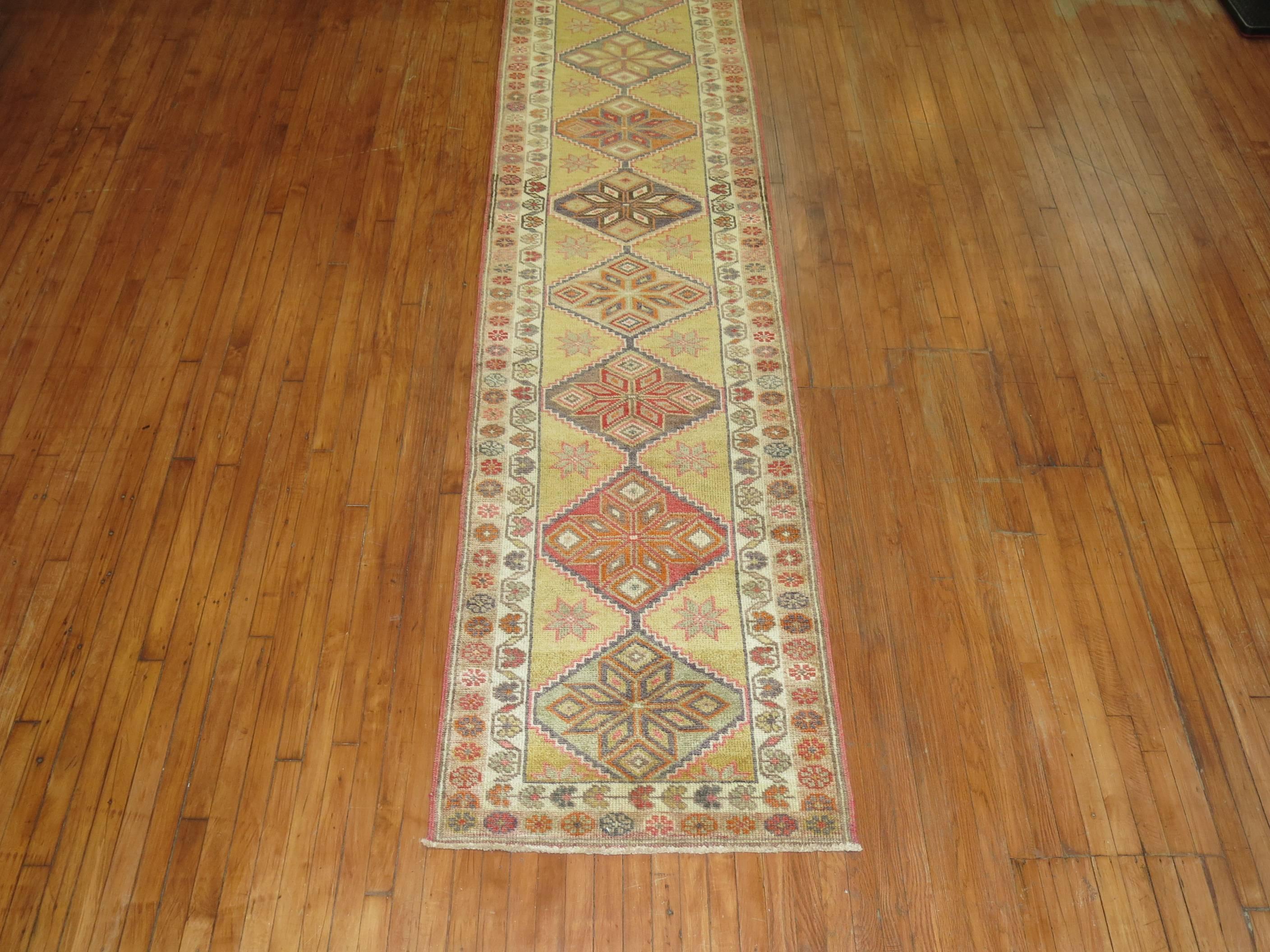 Hand-Knotted Yellow Green Vintage 20th Century Decorative Turkish Anatolian Turkish Runner For Sale