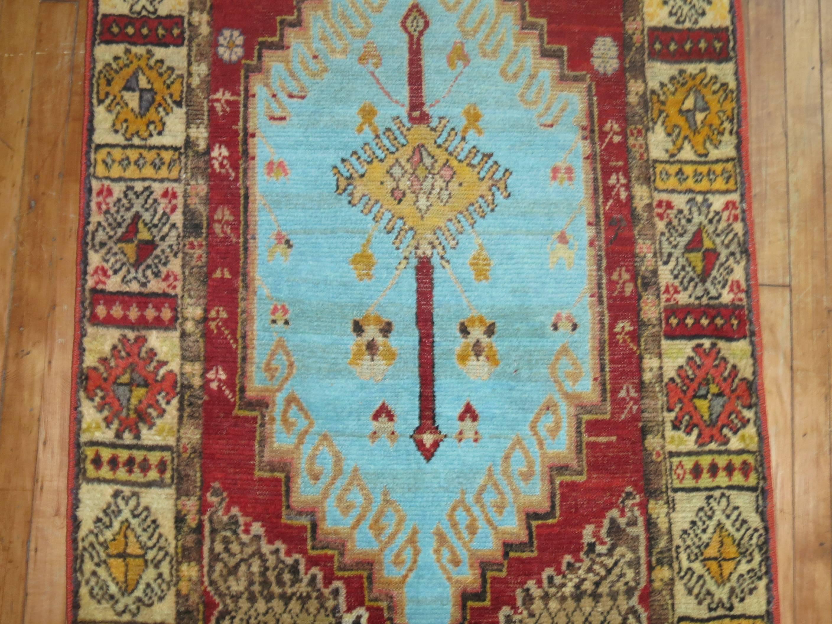 Futurist Red Field Anatolian Oushak Runner with Electric Blue and Gold Medallions For Sale