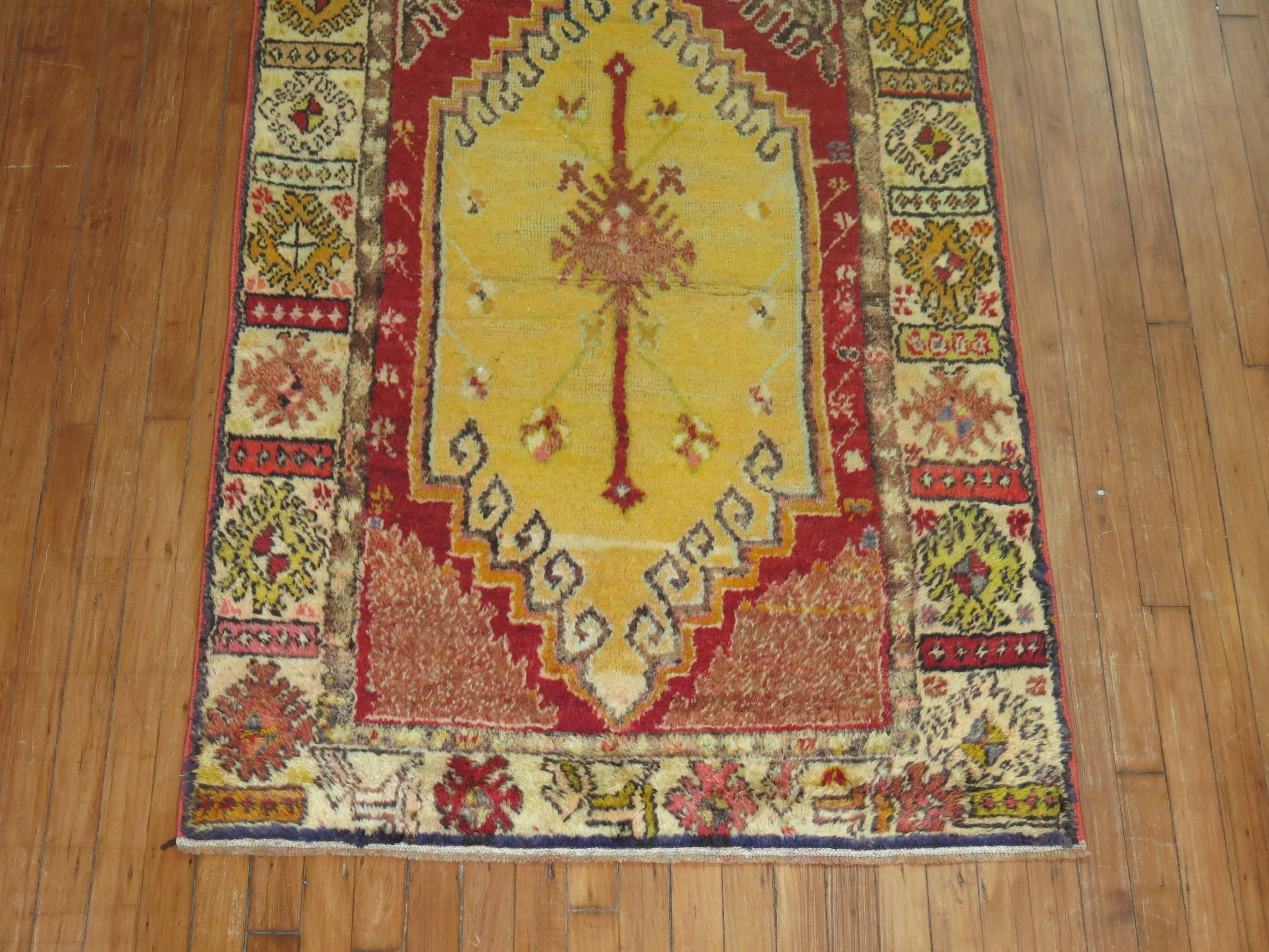 Hand-Woven Red Field Anatolian Oushak Runner with Electric Blue and Gold Medallions For Sale