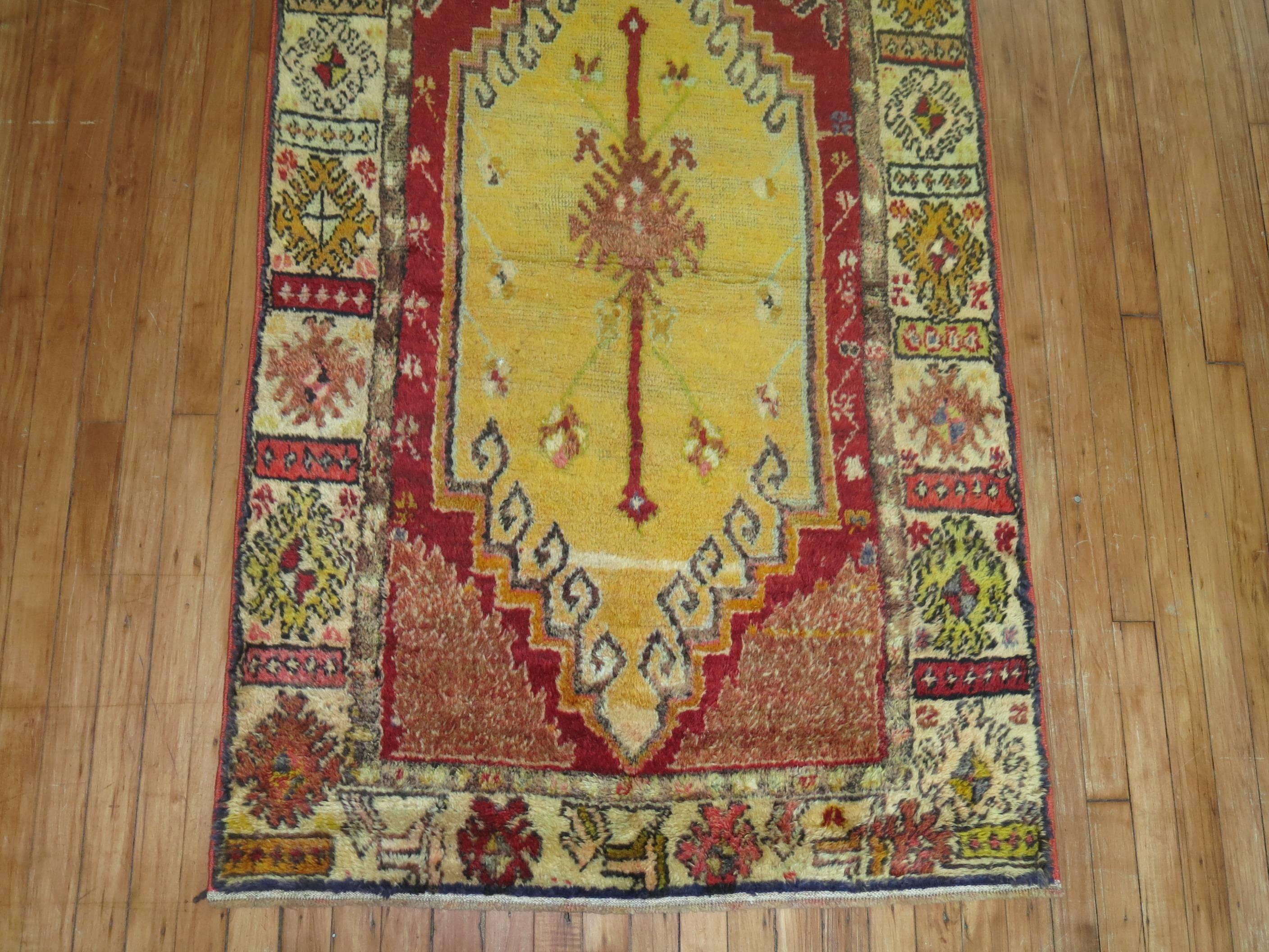 Wool Red Field Anatolian Oushak Runner with Electric Blue and Gold Medallions For Sale