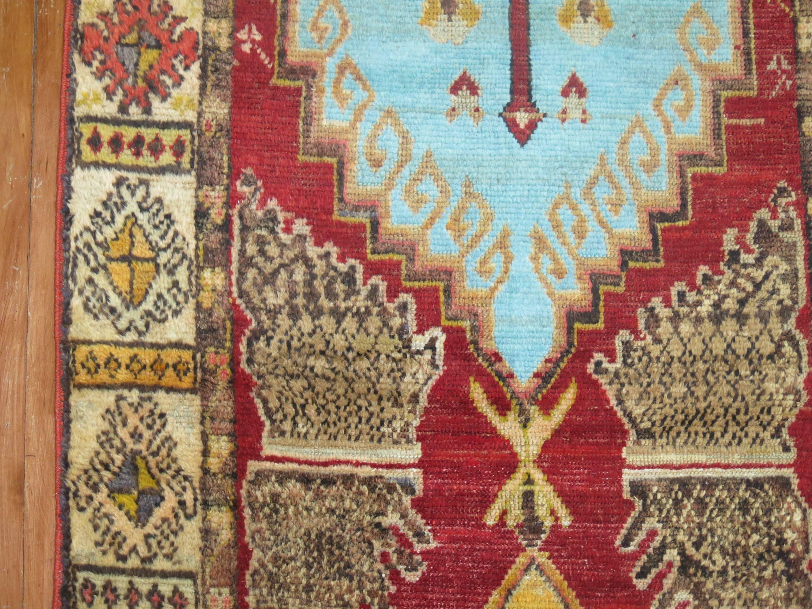 Red Field Anatolian Oushak Runner with Electric Blue and Gold Medallions For Sale 1