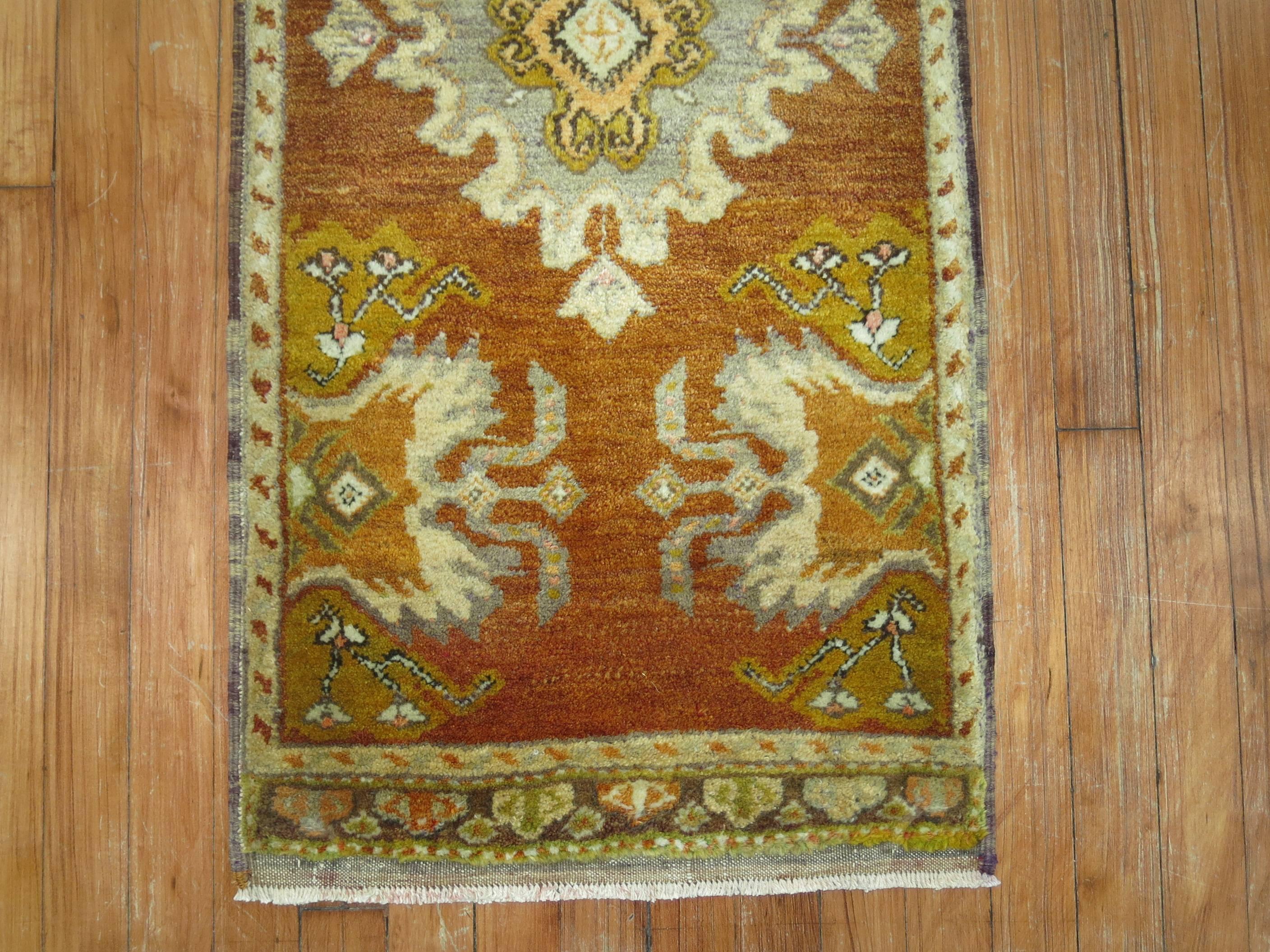 Hand-Knotted Vintage Turkish Oushak Brown and Chartruese Rug