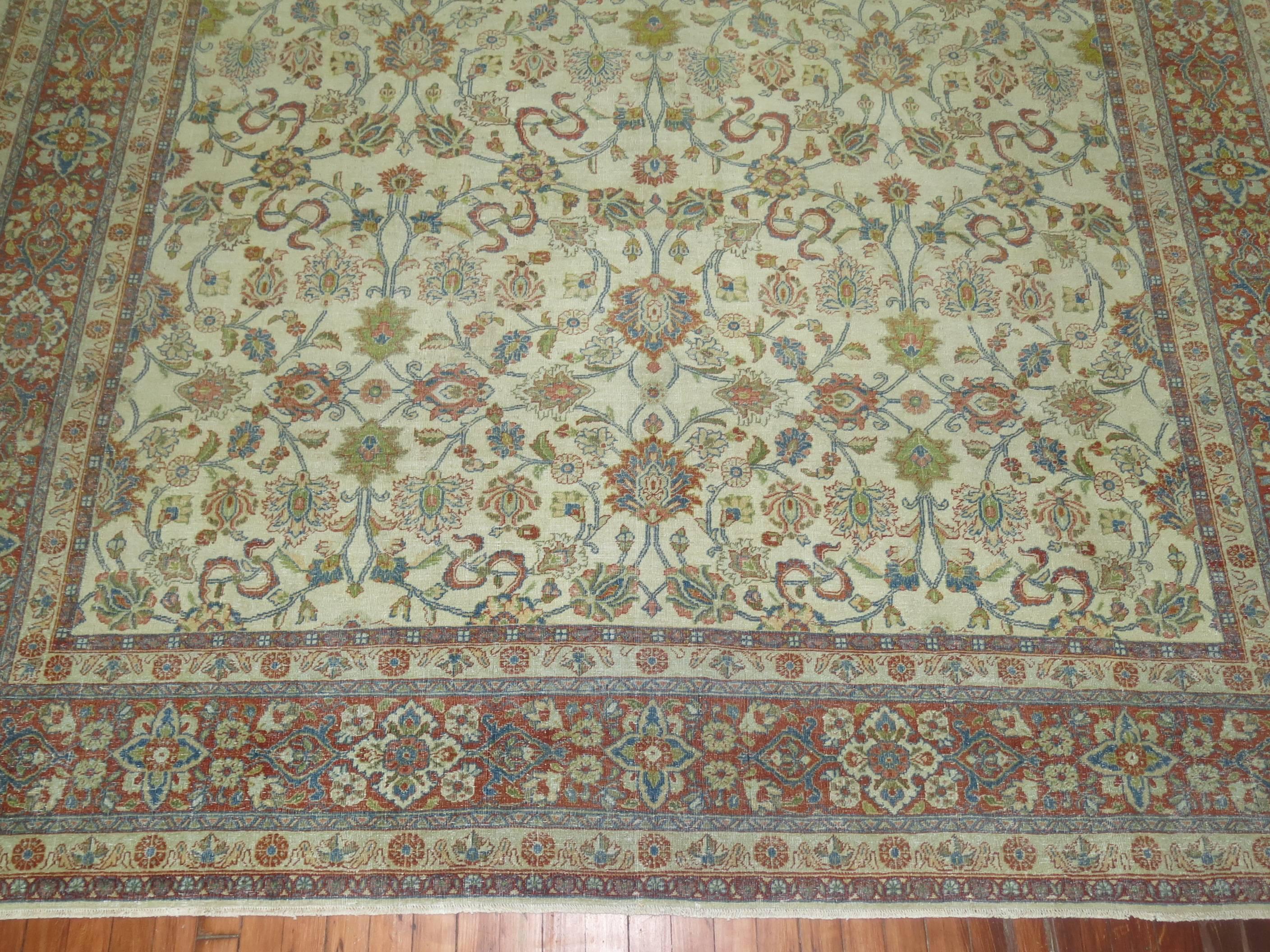 Tabriz White Antique Persian Traditional Kashan Wool Oriental Rug For Sale