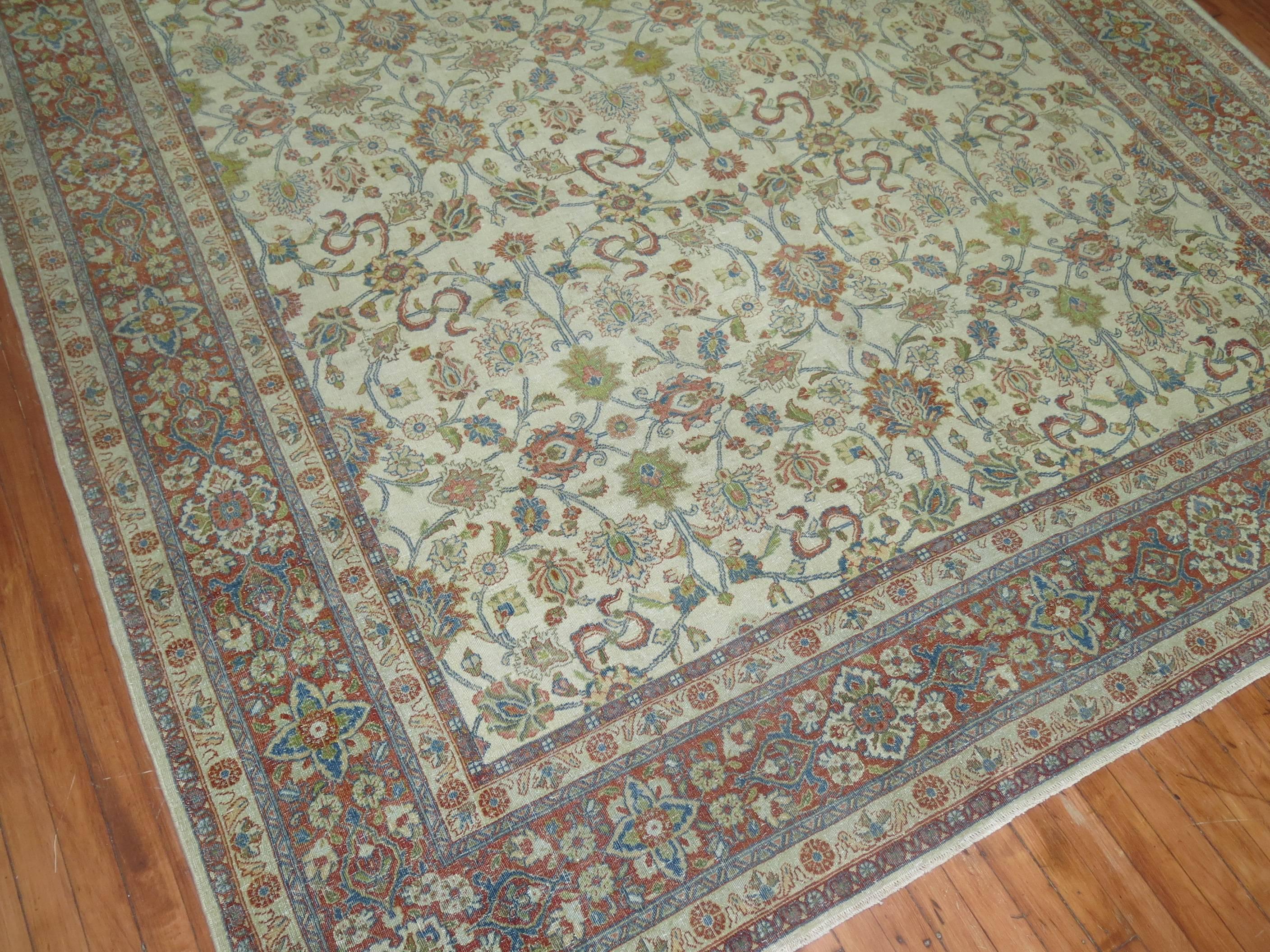 Hand-Knotted White Antique Persian Traditional Kashan Wool Oriental Rug For Sale